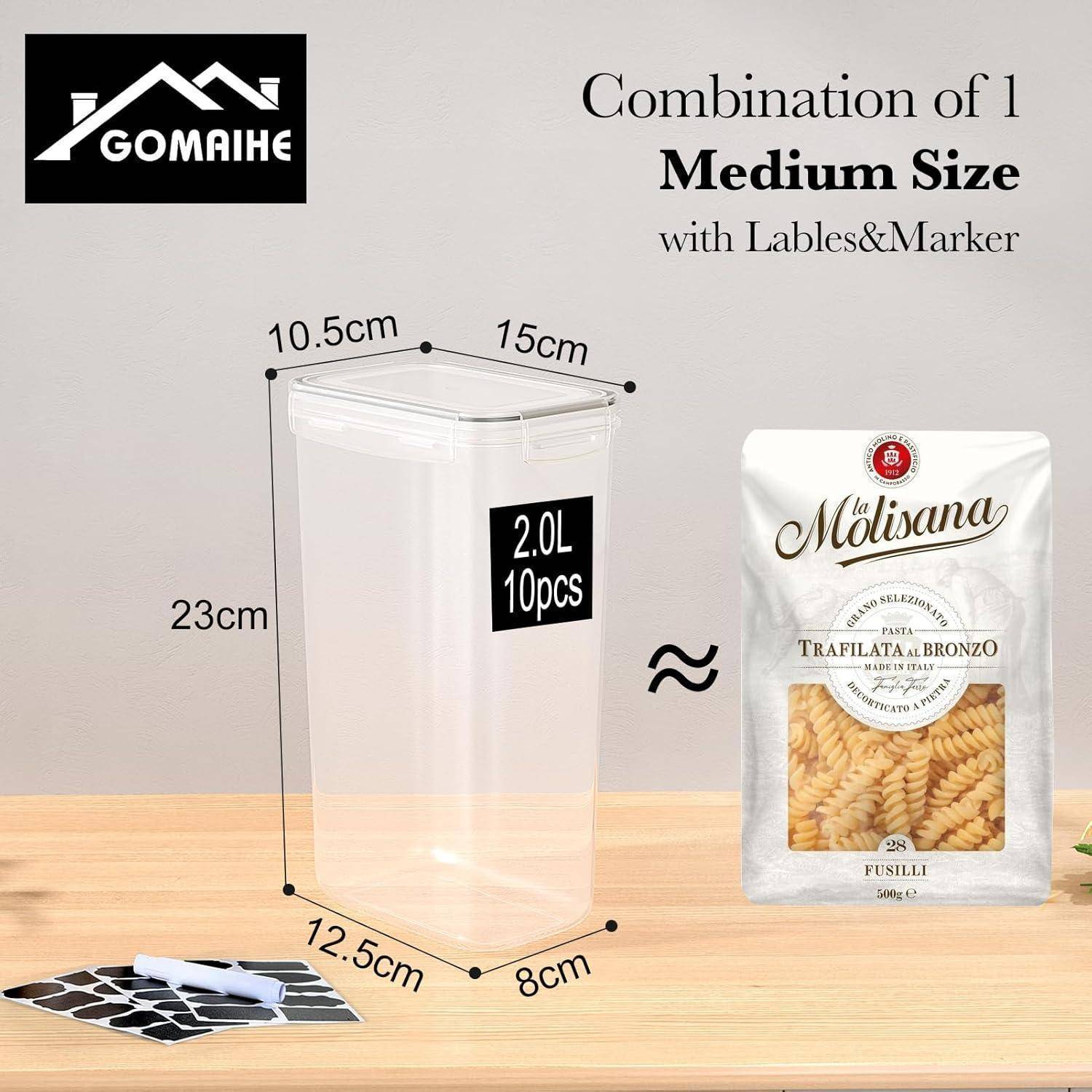 Ein Aufbewahrungsbehälter mit beschrifteten Abmessungen und Kapazität: 2,0 L, 10 Stück. Enthält das Logo von 'GOMAIHE', eine Pasta-Verpackungsabbildung und Beschriftungen mit einem Marker.