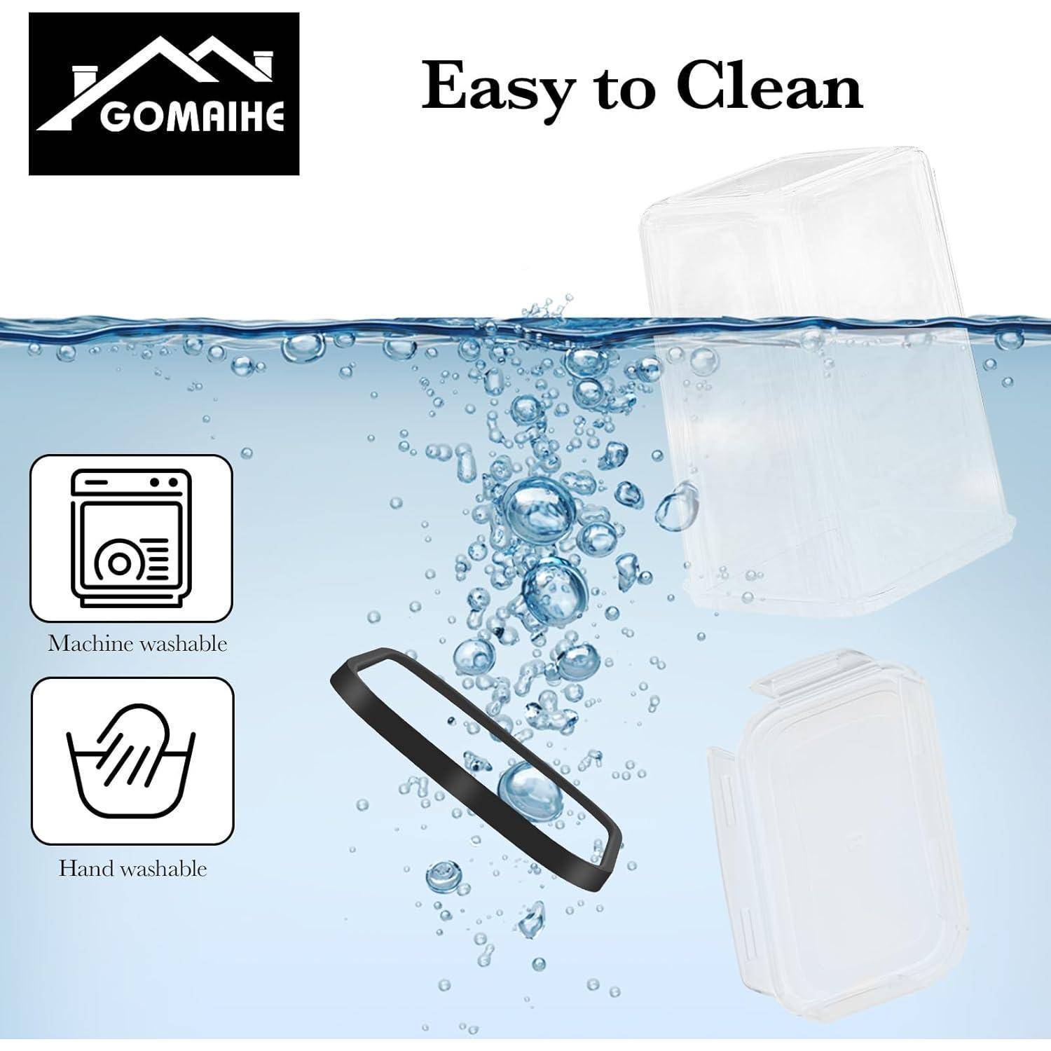 Leicht zu reinigen' Bild, das Behälter zeigt, die im Wasser eingetaucht sind, mit Waschanweisungen: maschinenwaschbar und handwaschbar. Markenlogo oben links.