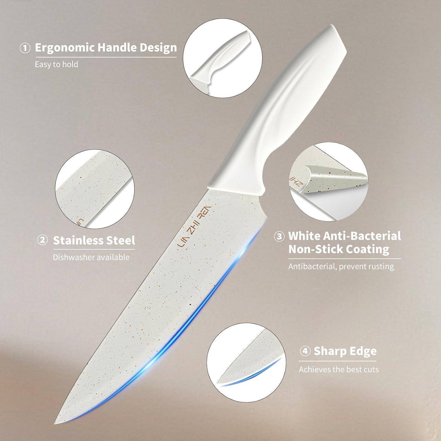 Ein weißes Küchenmesser mit ergonomischem Griffdesign, aus Edelstahl, mit antibakterialer Antihaftbeschichtung und einer scharfen Klinge für effizientes Schneiden. Textliche Hervorhebung der Merkmale.