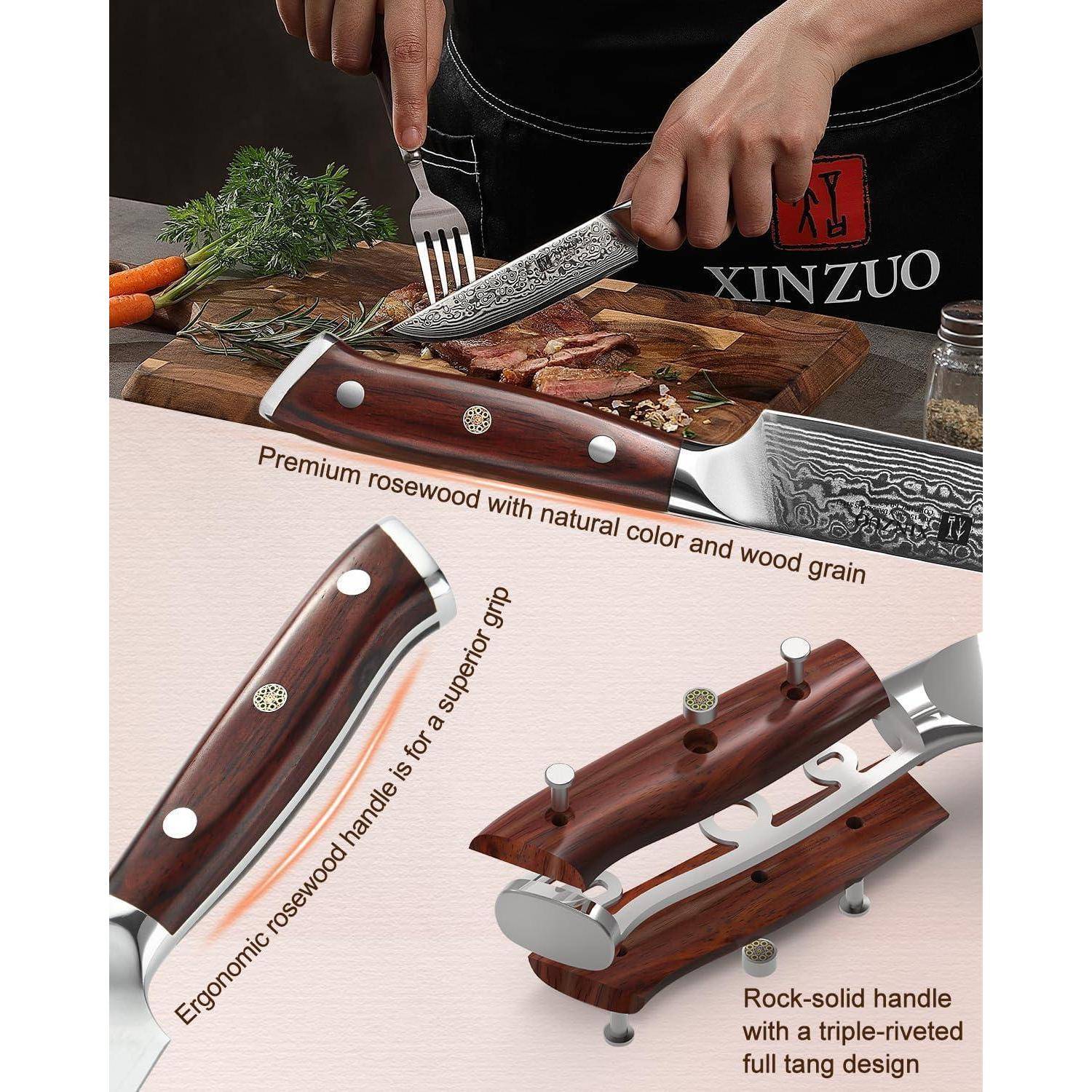 Eine Person schneidet gekochtes Fleisch auf einem Holzbrett mit einem Messer, dessen Griff aus hochwertigem Rosenholz gefertigt ist und dessen ergonomisches Design hervorgehoben wird.