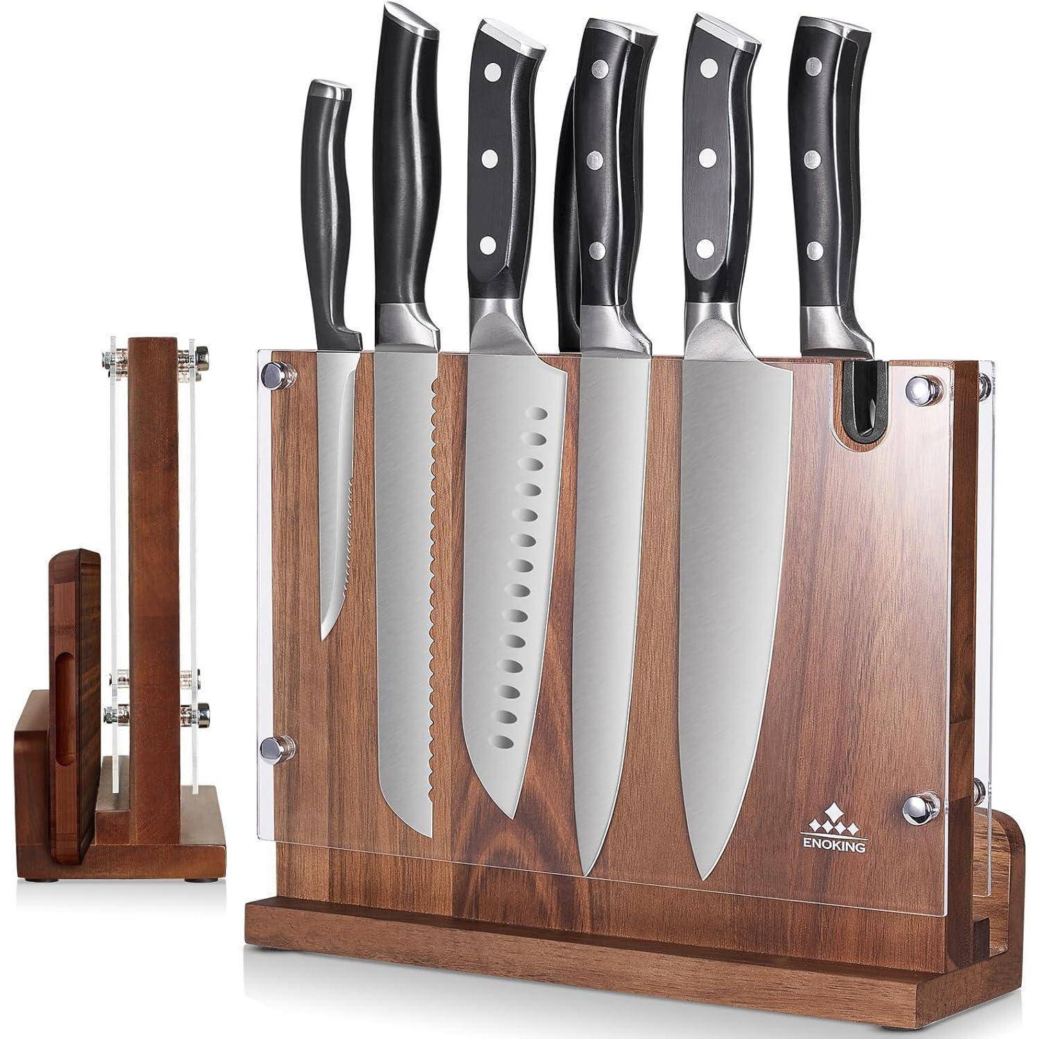 „Sechs Küchenmesser mit schwarzen Griffen, präsentiert in einem Ständer aus Holz und transparentem Acryl, geeignet für verschiedene Schneidaufgaben.