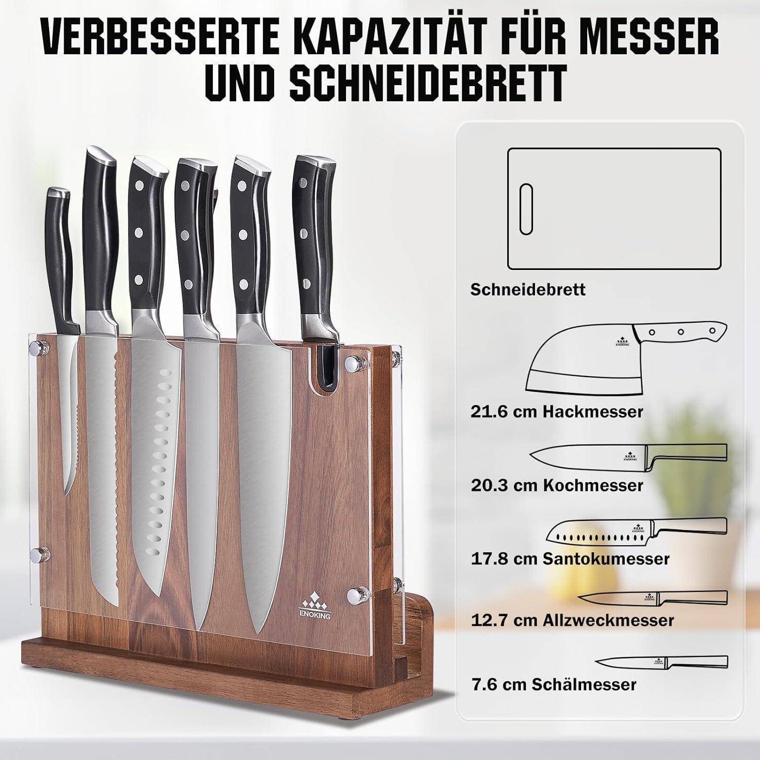Ein Messerblock aus Holz mit sechs Messern, beschriftet mit deutscher Beschriftung, die Messertypen anzeigt: Hackmesser, Kochmesser, Santoku, Universalmesser und Schälmesser.