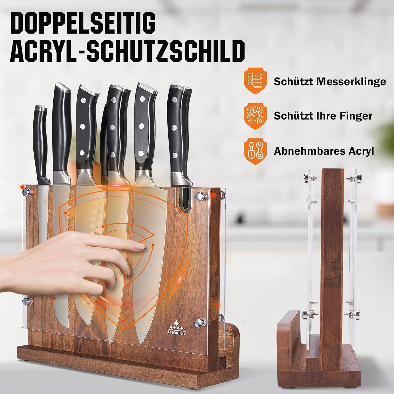 Transparenter Messerblock mit Messern. Hervorgehobene Merkmale: 'Schützt die Messerklinge', 'Schützt Ihre Finger', 'Herausnehmbares Acryl'.
