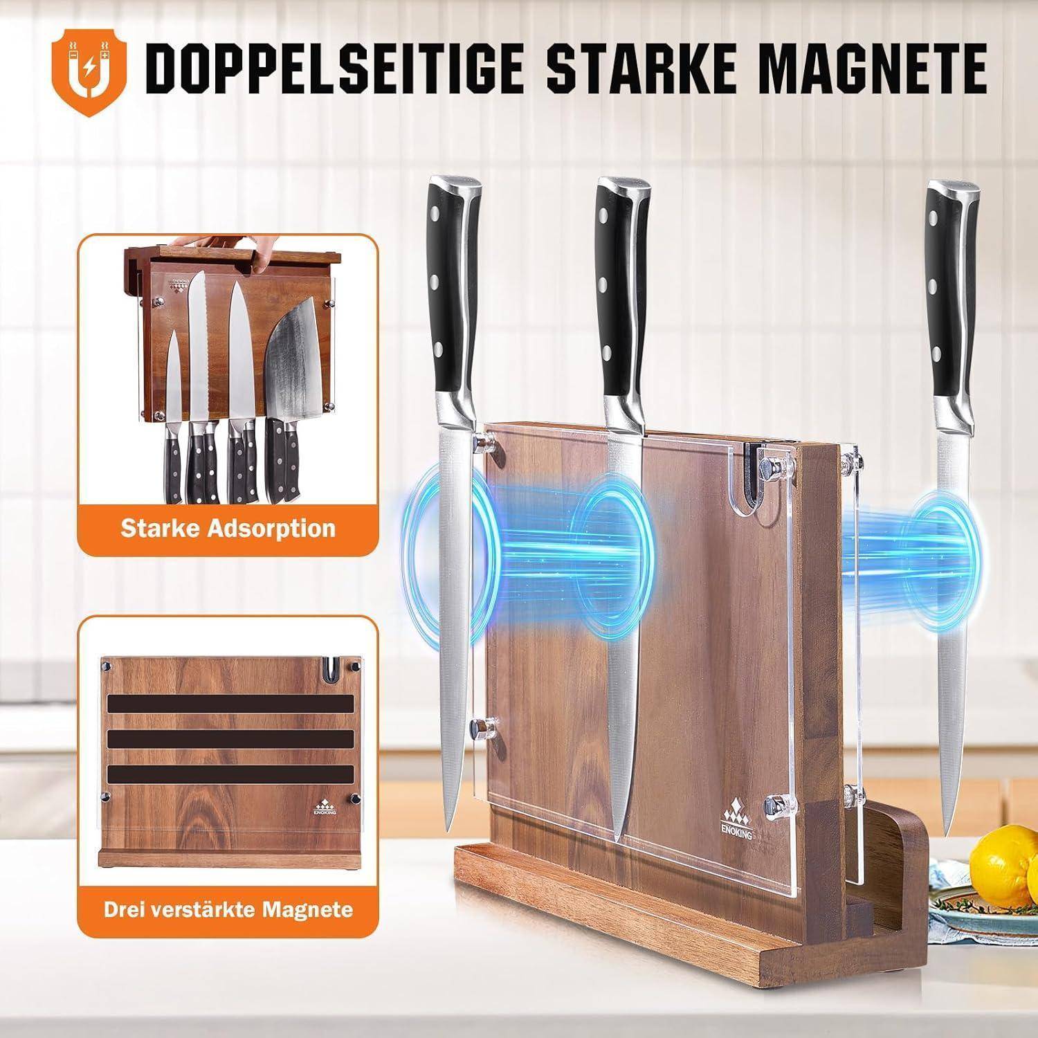 Ein hölzerner magnetischer Messerhalter mit drei Messern, die an einer Seite befestigt sind und eine starke Anhaftung zeigen. Etikett liest: „Doppelseitige starke Magnete