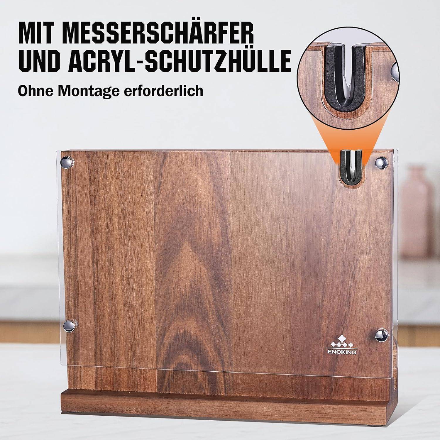 Holz-Messerblock mit integriertem Messer-Schleifgerät und Acryl-Abdeckung; beschriftet mit 'Mit Messerschärfer und Acryl-Schutzhülle' und 'Ohne Montage erforderlich'.