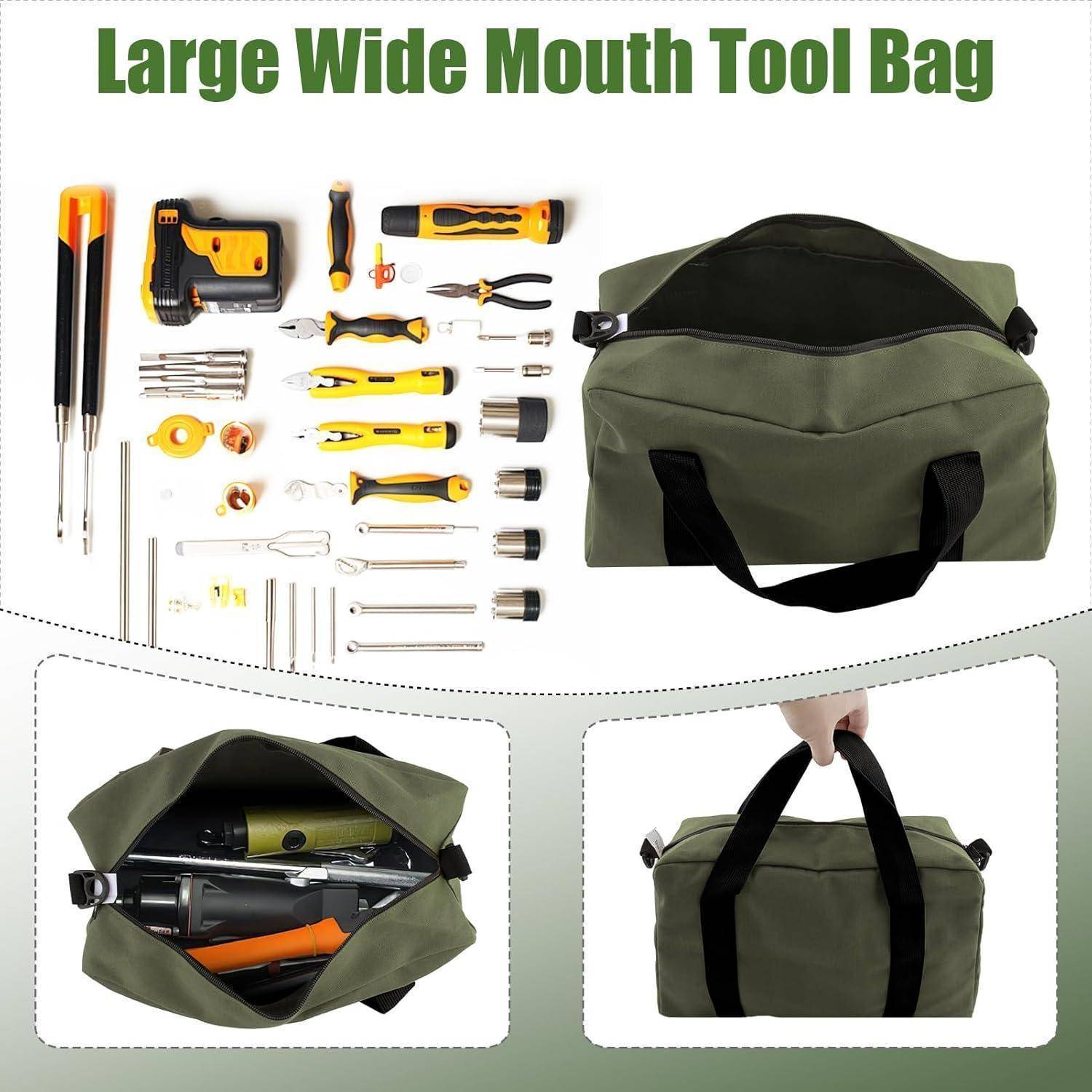 Große Werkzeugtasche mit weiter Öffnung, bestückt mit Schraubenziehern, Zangen und einer Taschenlampe. Zeigt die Tasche geöffnet und in der Hand getragen, mit Fokus auf Stauraum.