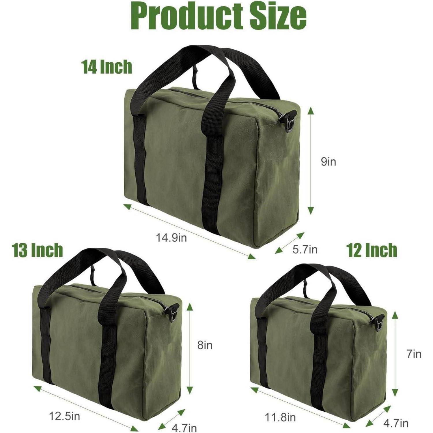 Das Bild zeigt drei grüne Taschen, die nach Größe gekennzeichnet sind: 14 Zoll (14,9 x 11 x 5,7 Zoll), 13 Zoll (12,5 x 8 x 4,7 Zoll) und 12 Zoll (11,8 x 8 x 4,7 Zoll).