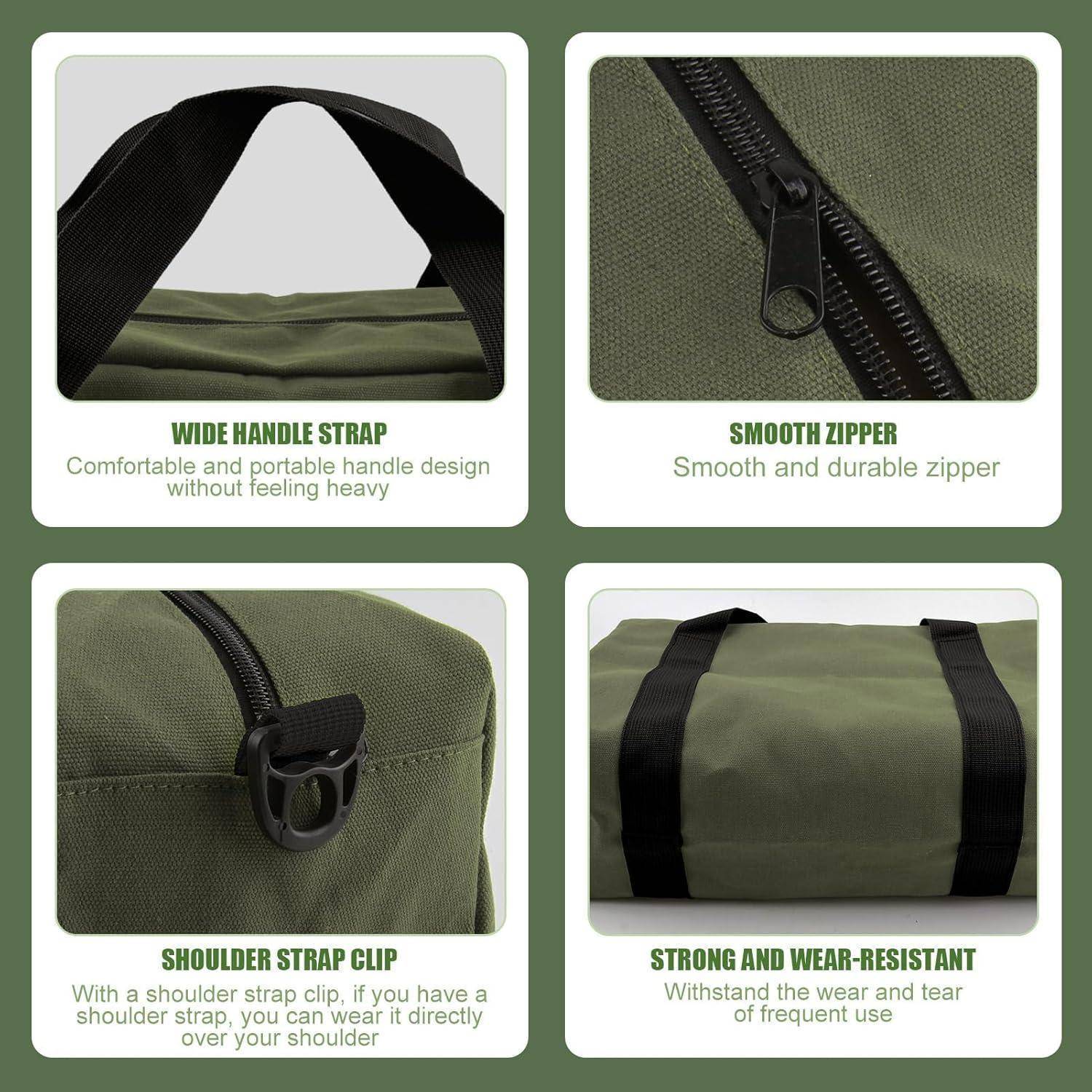 Vier Bilder einer grünen Tasche mit Merkmalen: links oben 'Breiter Trageriemen' für Komfort; rechts oben 'Glatter Reißverschluss'; links unten 'Schultergurtclip'; rechts unten 'Stark und verschleißfest'.