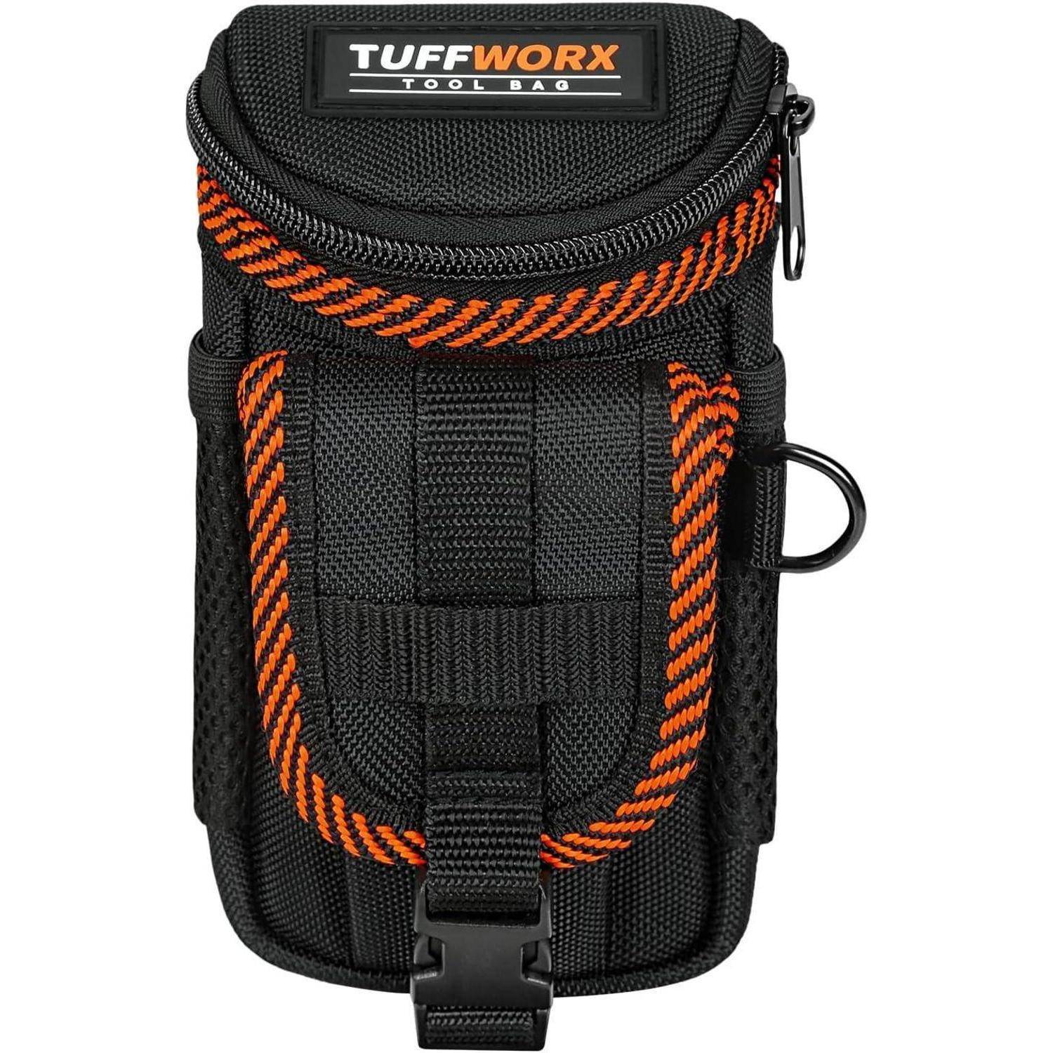 Schwarze und orange TUFFWORX Werkzeugtasche mit Reißverschluss und Klappverschluss, ausgestattet mit strapazierfähigem Gewebe und einer Schlaufe zum einfachen Tragen oder Befestigen.