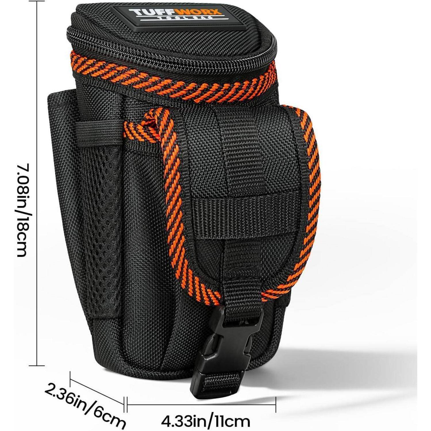 Schwarze Utility-Tasche mit orangefarbener Einfassung, mit mehreren Fächern und einem Clip. Abmessungen: 7,08 Zoll/18 cm Höhe, 4,33 Zoll/11 cm Breite, 2,36 Zoll/6 cm Tiefe.