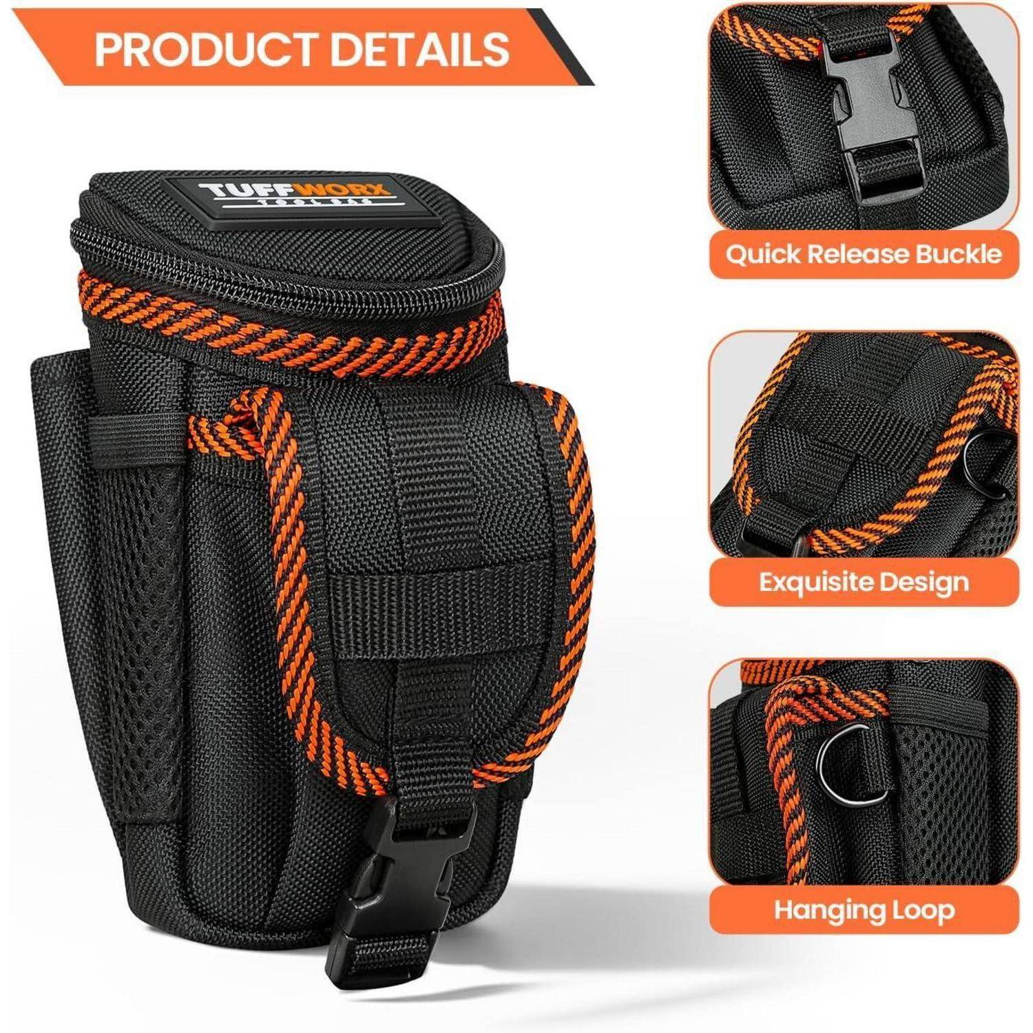 Schwarze Werkzeugtasche mit orangefarbenen Akzenten und einem Schnellverschluss. Merkmale umfassen ein exquisites Design und eine Aufhängeschlaufe.