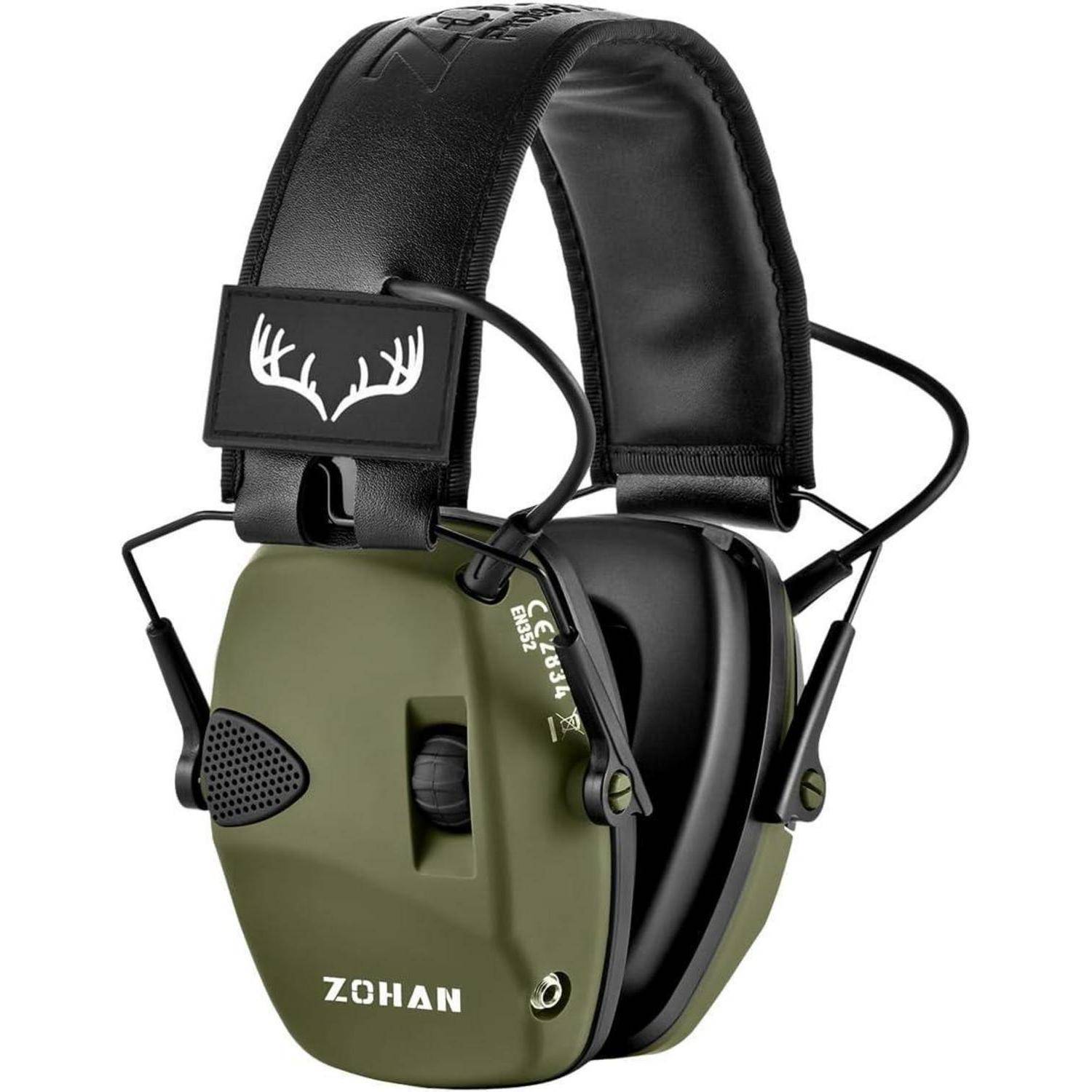 Grüne Noise-Canceling-Kapselgehörschutz mit einem schwarzen Kopfbügel und einem Geweihlogo, von der Marke 'Zohan', entwickelt zum Gehörschutz.