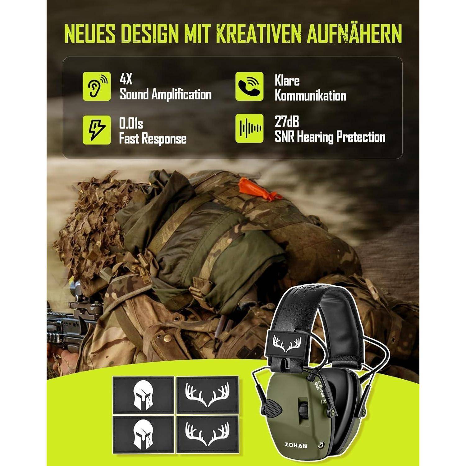 Ein Soldat mit einem Helm mit Kopfhörern ist in Aktion zu sehen. Der Text hebt Merkmale hervor: '4-fache Schallverstärkung', 'Klare Kommunikation', '0,01s schnelle Reaktion', '27 dB SNR Hörschutz'.