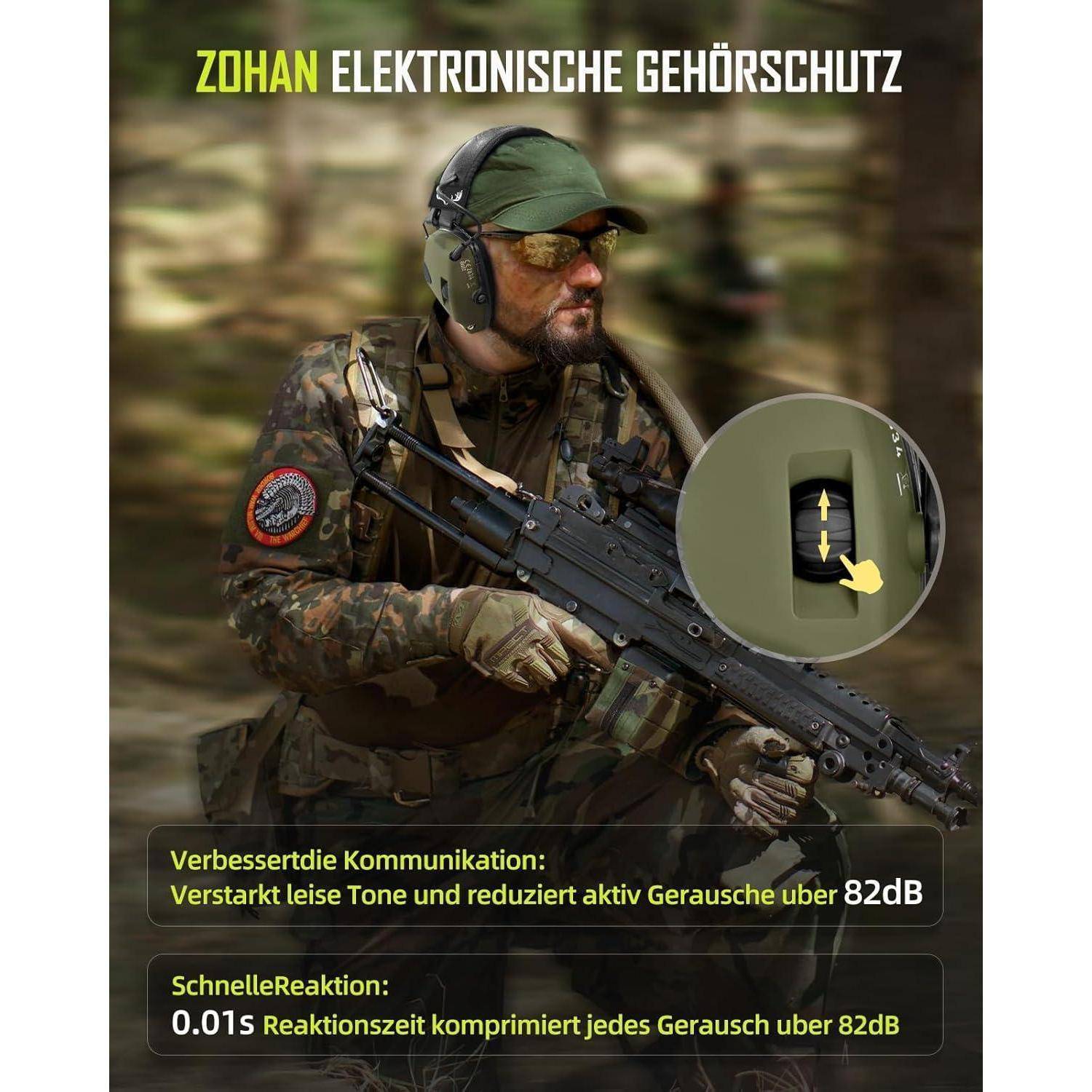 Eine Person in Tarnkleidung hält ein Gewehr. Der Text hebt die Merkmale des 
