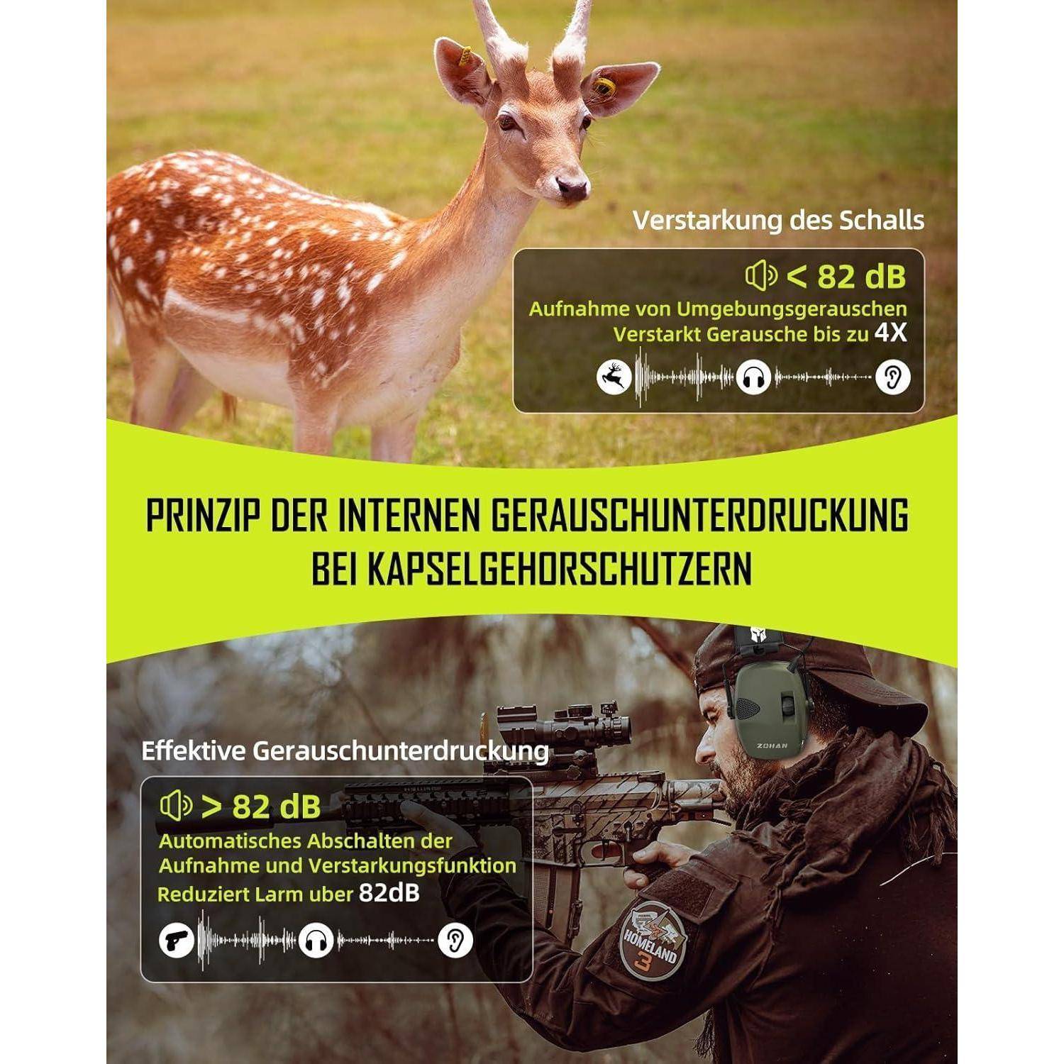 Ein Hirsch in einer Waldlandschaft veranschaulicht die Schallverstärkung unter 82 dB. Darunter demonstriert ein Soldat die Geräuschunterdrückung über 82 dB mit einem Schützen, der Gehörschutz trägt, für eine effektive Lärmreduzierung. Der deutsche Text erklärt die Lärmreduzierung in Gehörschützern.