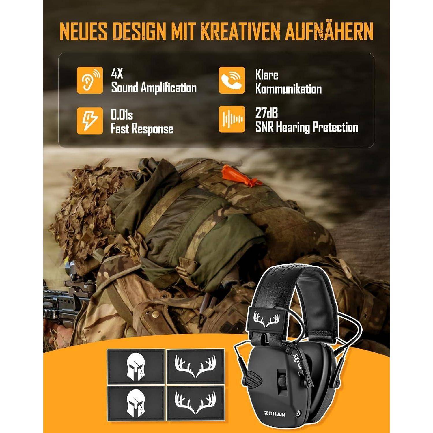 Taktisches Headset im Tarndesign, mit 4-facher Schallverstärkung, 0,01s schneller Reaktionszeit, klarer Kommunikation und 27 dB Störschallreduktion (SNR) zum Hörschutz.