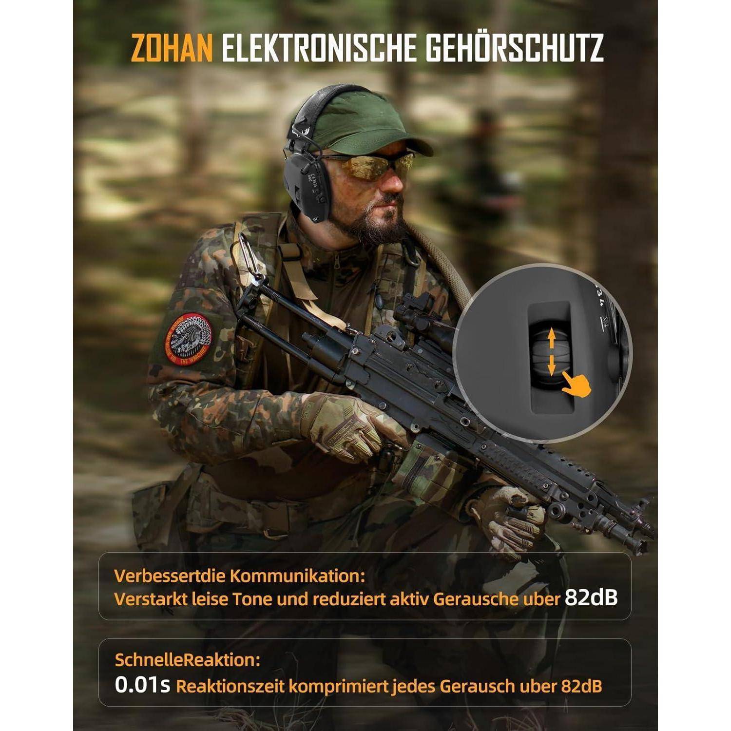 Ein Soldat in Tarnkleidung trägt Gehörschutz. Der Text hebt folgende Merkmale hervor: verbesserte Kommunikation, Lärmreduzierung über 82 dB, Reaktionszeit von 0,01 Sekunden.