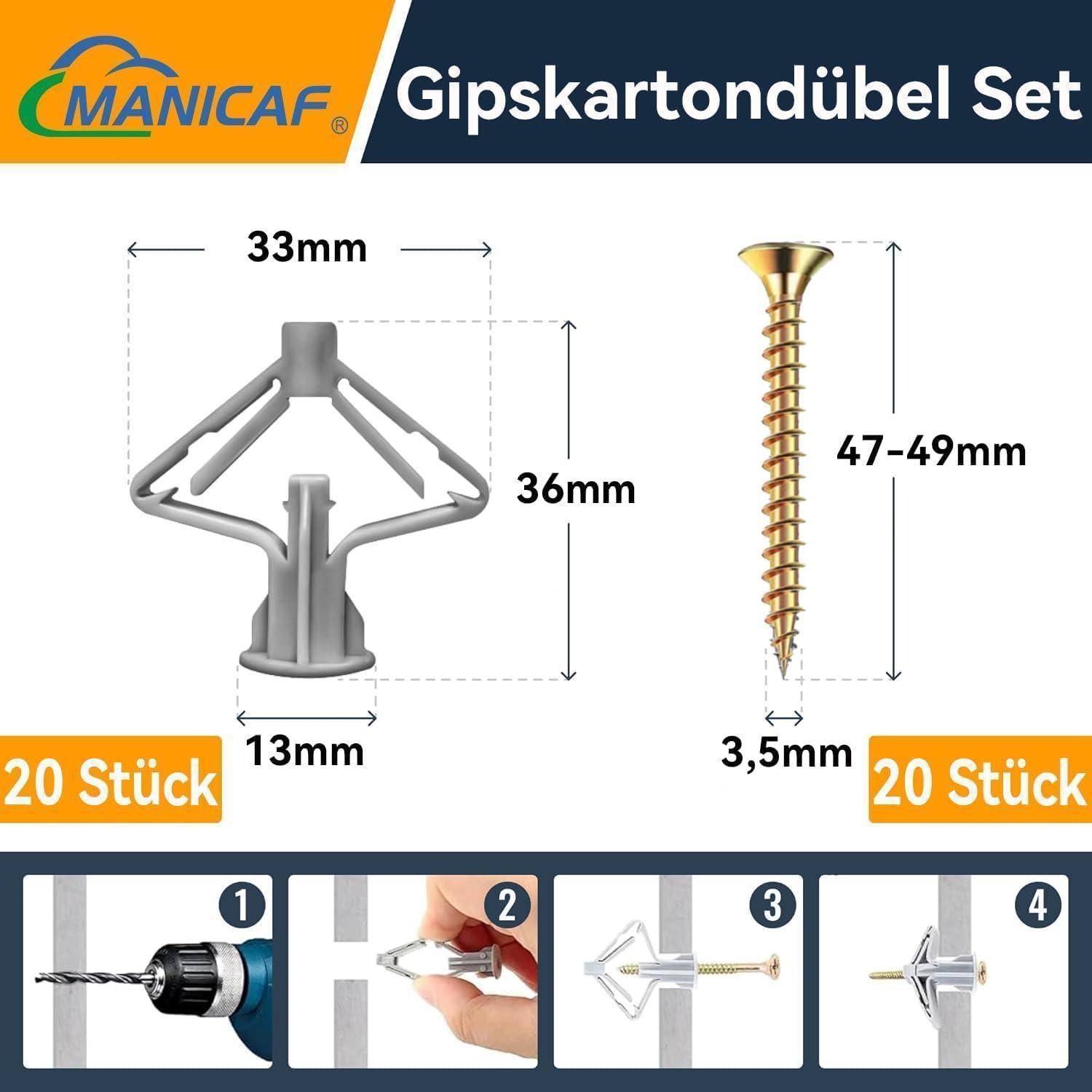 Schrauben- und Dübel-Set mit Abmessungen: Dübel 13x33x36mm, Schraube 3,5x47-49mm. Enthält Installationsanleitung und Verpackungsinformationen.