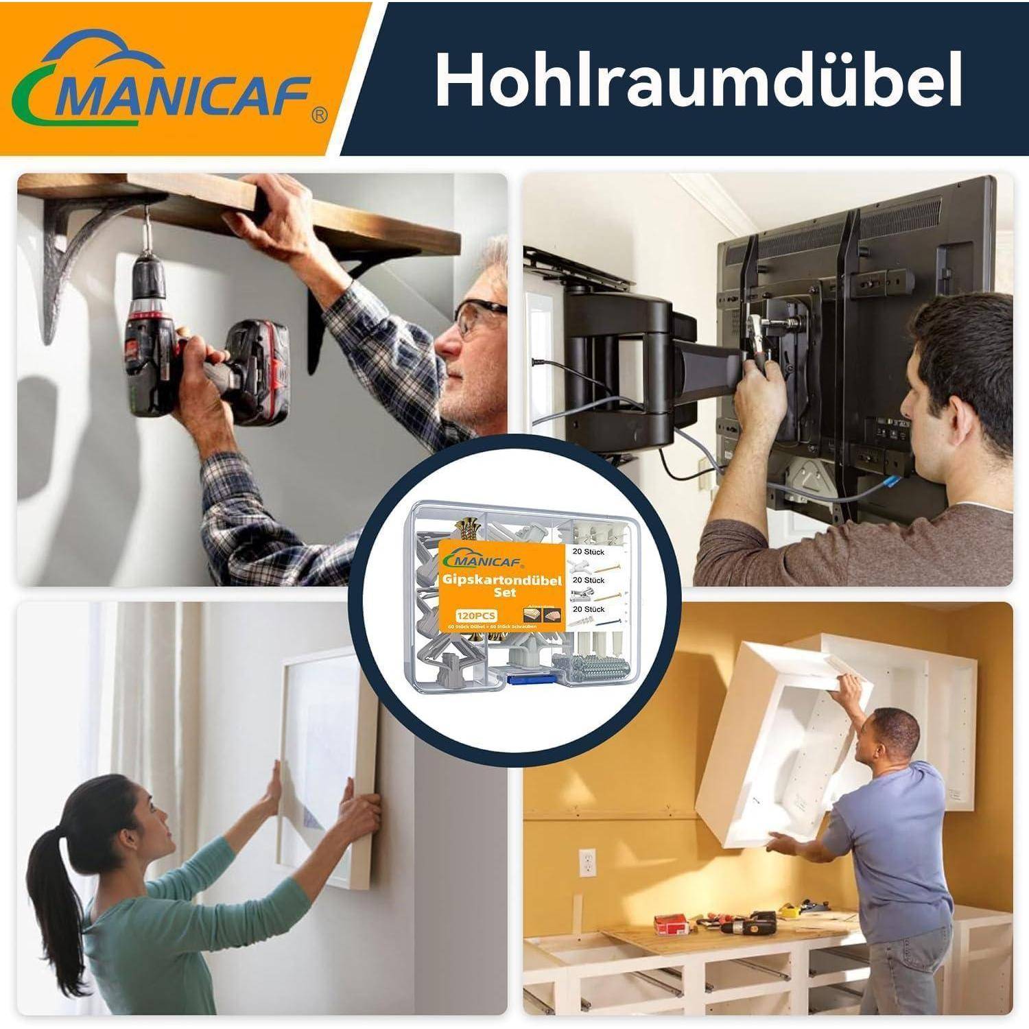 Collage mit Menschen, die Hohlwanddübel zum Aufhängen von Regalen, einem Fernseher und Schränken verwenden. Mitte: Verpackung von Wandankern.