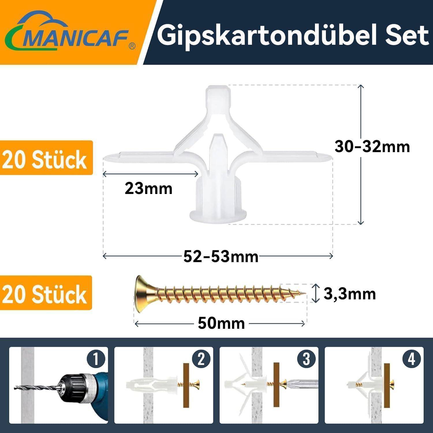 MANICAF Gipskarton-Dübel-Set enthält Wanddübel und Schrauben. Abmessungen: Dübel 52-53 mm x 30-32 mm, Schraube 50 mm x 3,3 mm. Montageschritte werden illustriert.