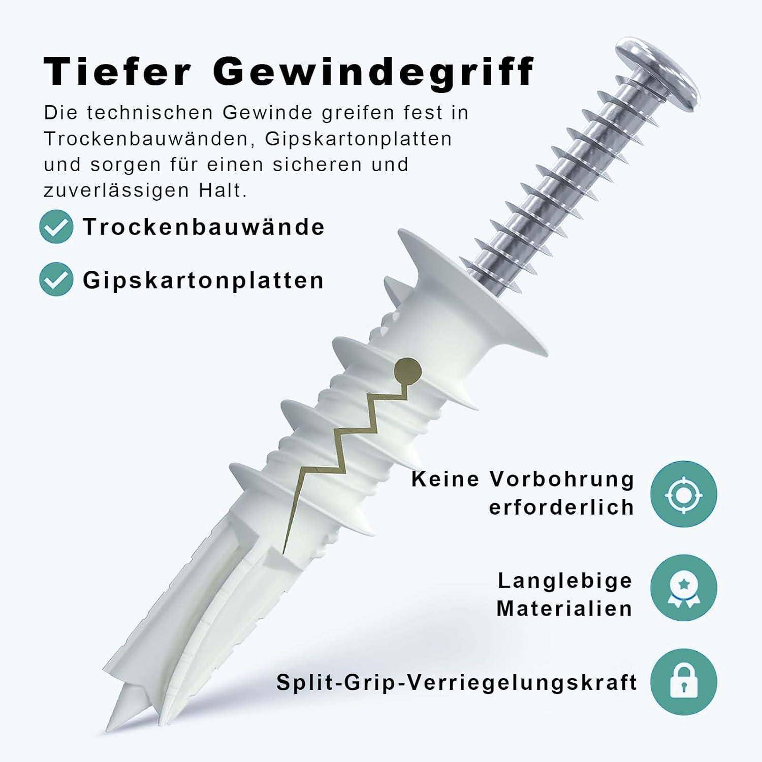 Eine Schraube mit einem tiefen Gewindedesign wird dargestellt, die ihre sichere Befestigung in Trockenbau und Gips hervorhebt, keine Vorbohrung erfordert und aus haltbaren Materialien gefertigt ist.