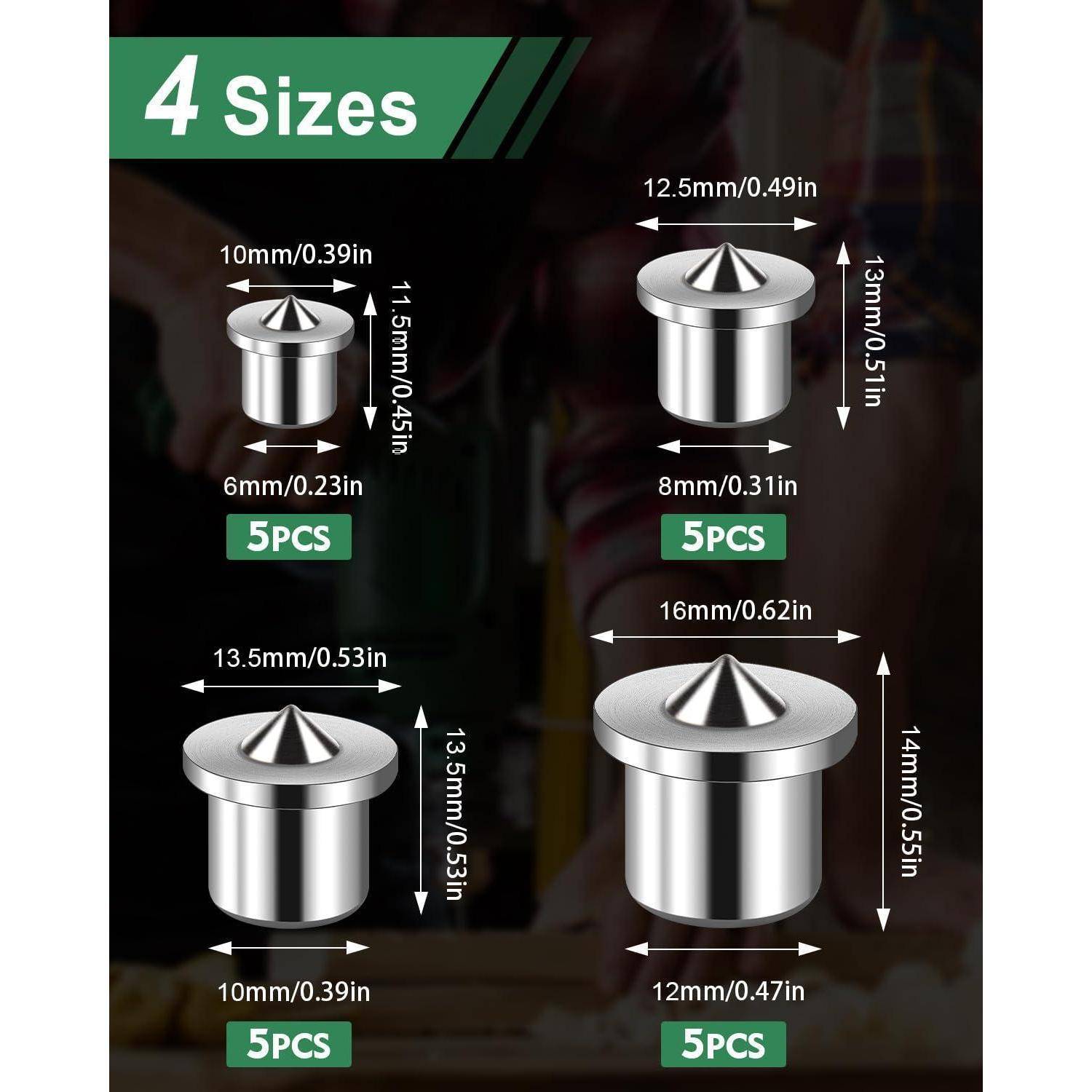 4 Größen' Metallkomponenten mit spitzen Oberteilen: 6mm, 8mm, 10mm, 12mm, jeweils mit Durchmesser- und Höhenabmessungen. Jede Größe ist in einer 5er-Packung erhältlich.