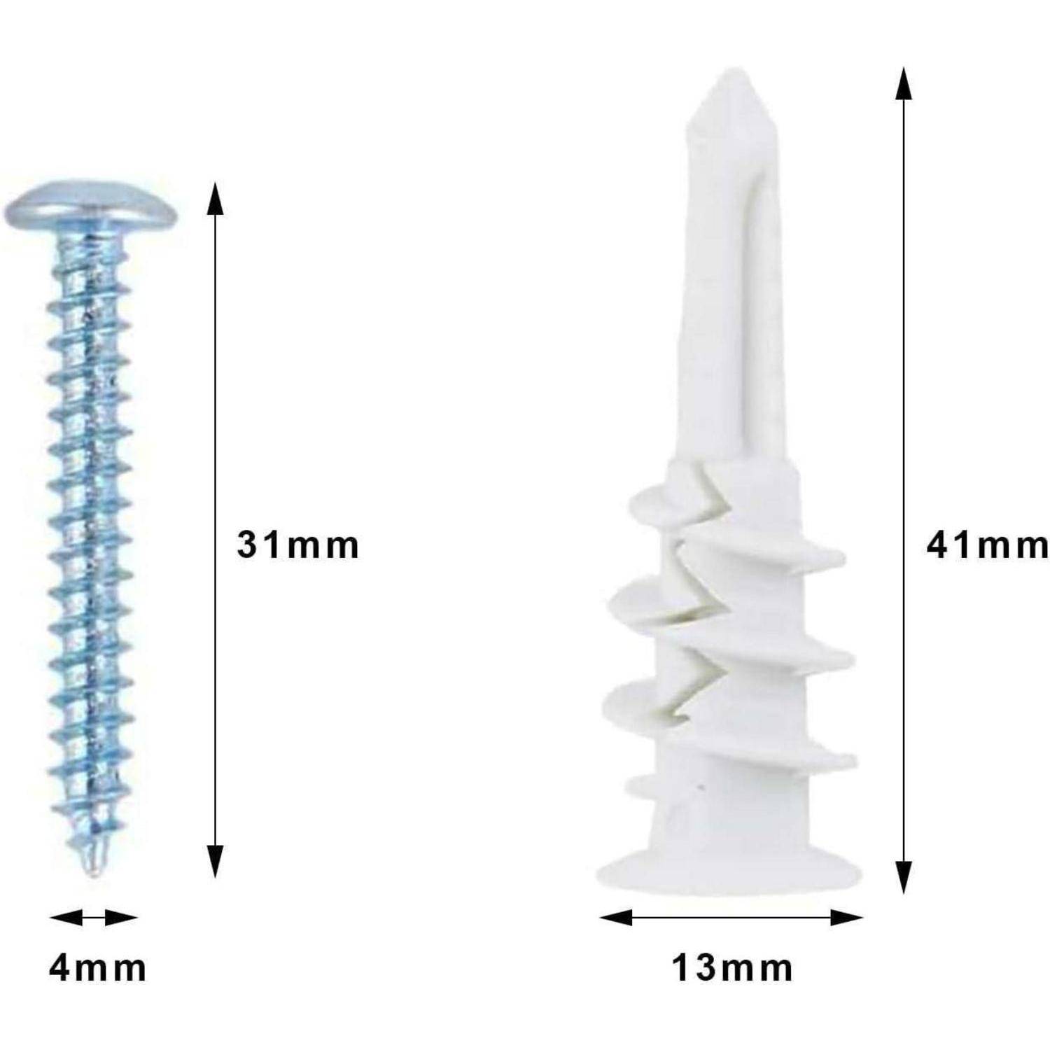 Eine Metallschraube und ein Kunststoff-Wanddübel; die Schraube ist 31 mm lang und 4 mm breit, der Dübel ist 41 mm lang und 13 mm breit.