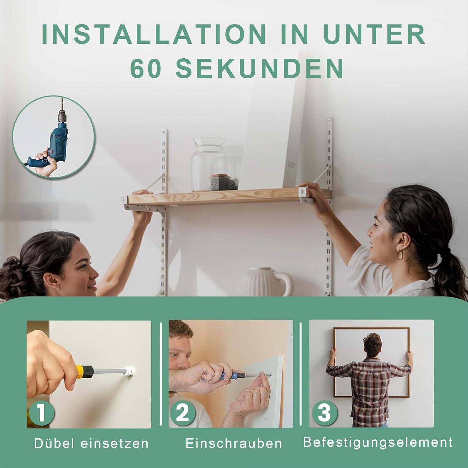 Zwei Personen montieren ein Regal an einer Wand. Oberer Text lautet 'Installation in unter 60 Sekunden'. Schritte darunter zeigen das Einsetzen eines Dübels, das Schrauben und das Anbringen.