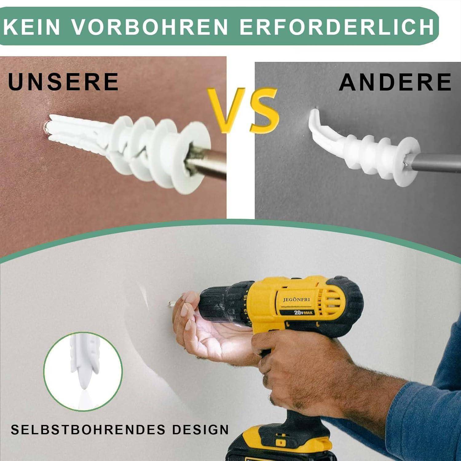 Vergleichsbild mit zwei Wandankern: linke Seite mit der Bezeichnung 'Unsere' und einem stabilen Design, rechte Seite mit der Bezeichnung 'Andere' und einem brüchigen Design. Beide vor einem grünen Hintergrund mit der Hervorhebung 'kein Vorbohren erforderlich'.