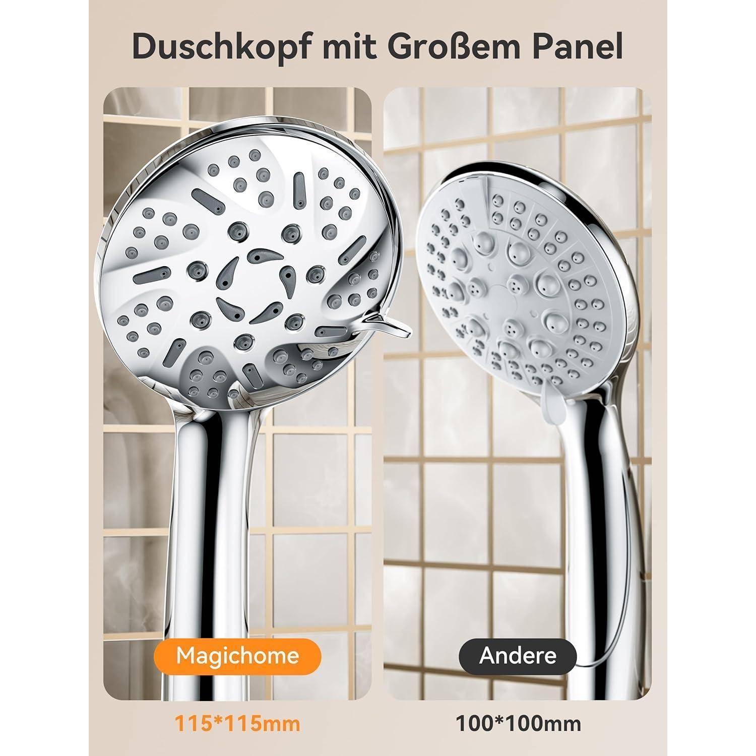 Zwei Duschköpfe mit großen Bedienfeldern verglichen. Links beschriftet mit Magichome, 115x115mm, rechts beschriftet mit Andere, 100x100mm. Gefliester Hintergrund.