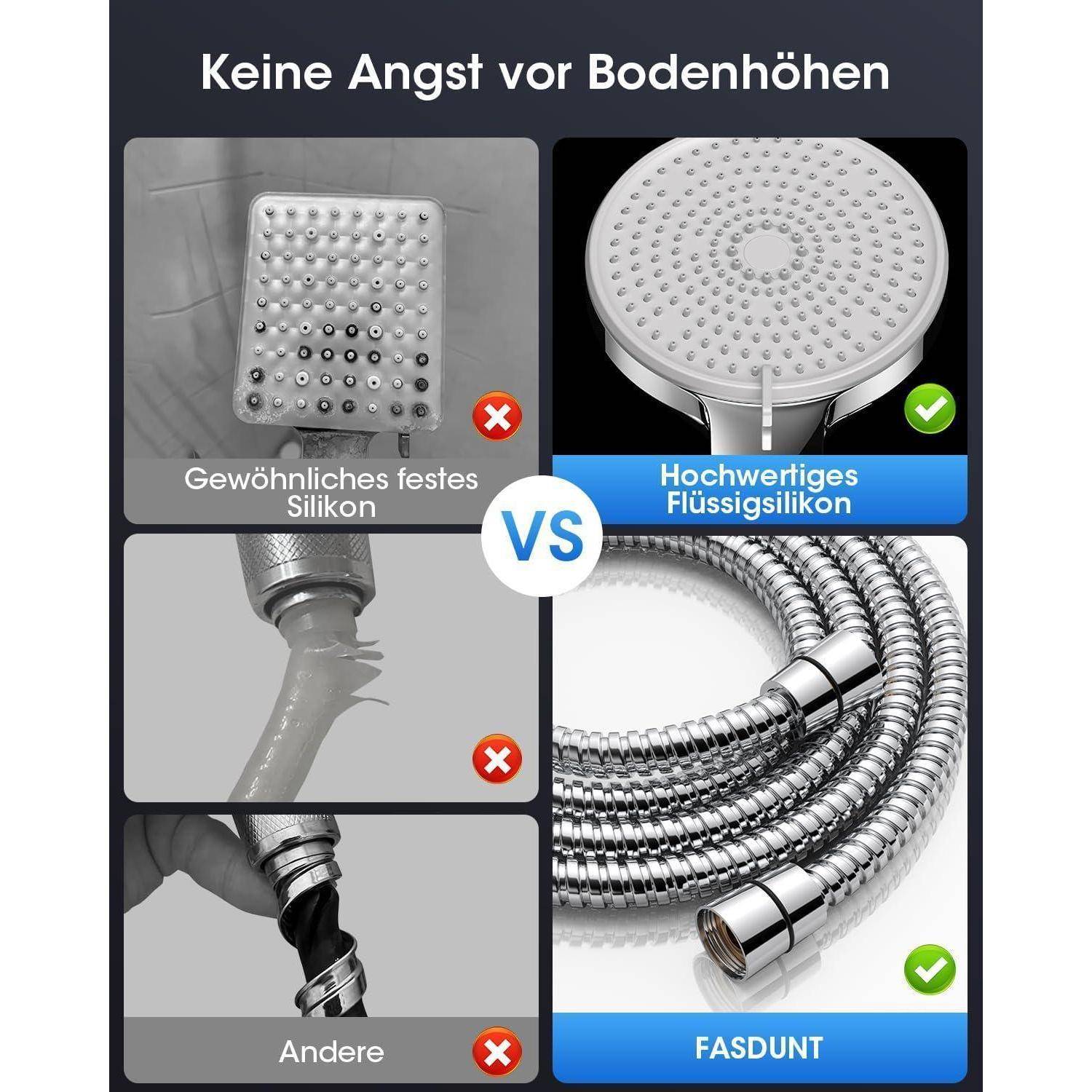 FASDUNT Duschschlauch-Vergleich: haltbares Flüssigsilikon im Vergleich zu gewöhnlichem Silikon und anderen Materialien. Betont Flexibilität und Qualität.