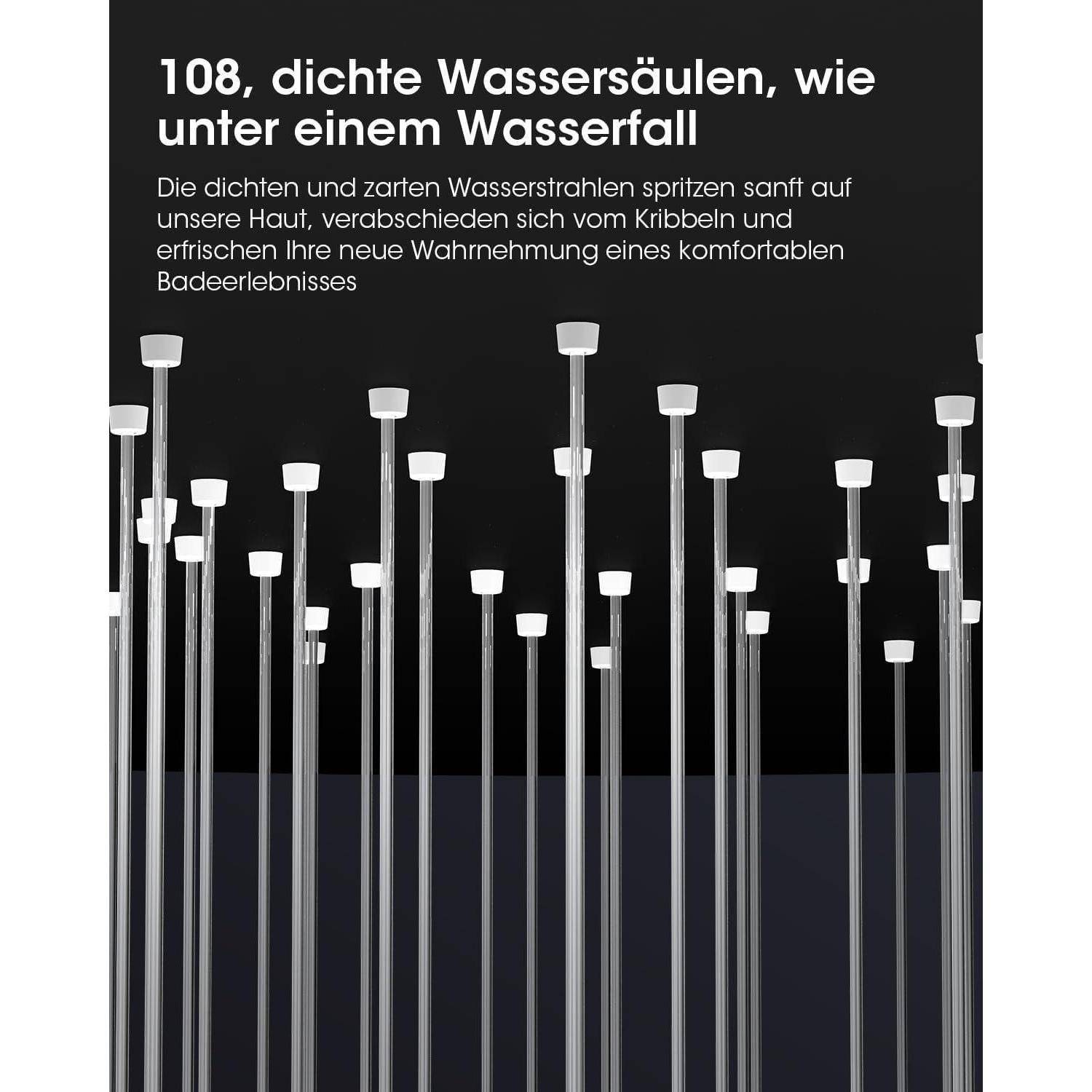 108, dichte Wassersäulen, wie unter einem Wasserfall' über stilisierte Wassersäulen vor einem dunklen Hintergrund. Text beschreibt ein erfrischendes, komfortables Baderlebnis.