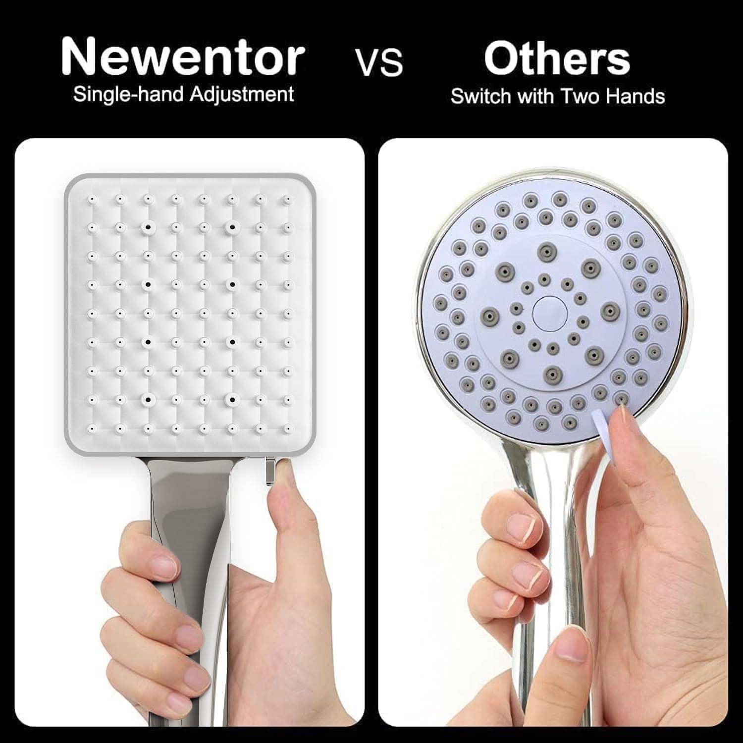 Newentor' zeigt einen quadratischen Duschkopf mit einfacher Einhandverstellung. 'Andere' zeigt einen runden Duschkopf, der zwei Hände zur Verstellung benötigt.