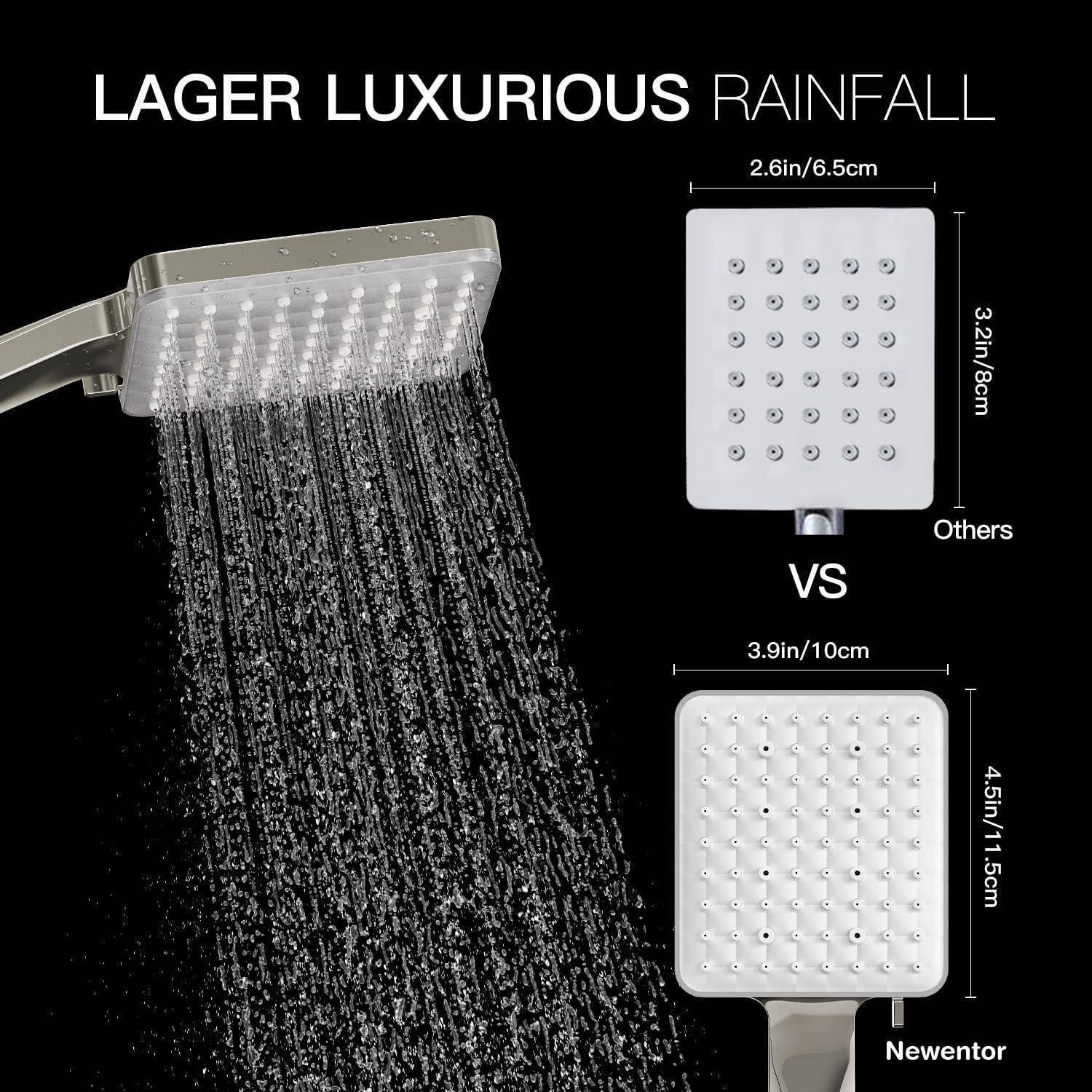 Luxuriöse Regendusche Brause. Vergleich von Duschköpfen: ‚Andere' 2,6 Zoll/6,5 cm, ‚Newentor' 4,5 Zoll/11,5 cm, Hervorhebung des Größenunterschieds.