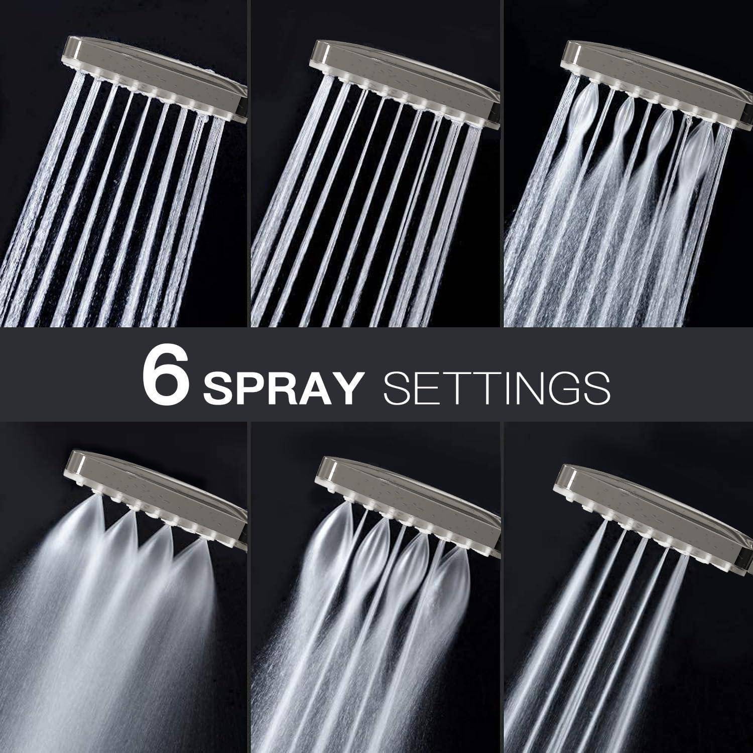 Duschkopf mit sechs verschiedenen Sprüheinstellungen, die von einem schmalen Strahl bis zu einem breiten Nebel reichen. Text liest sich: 