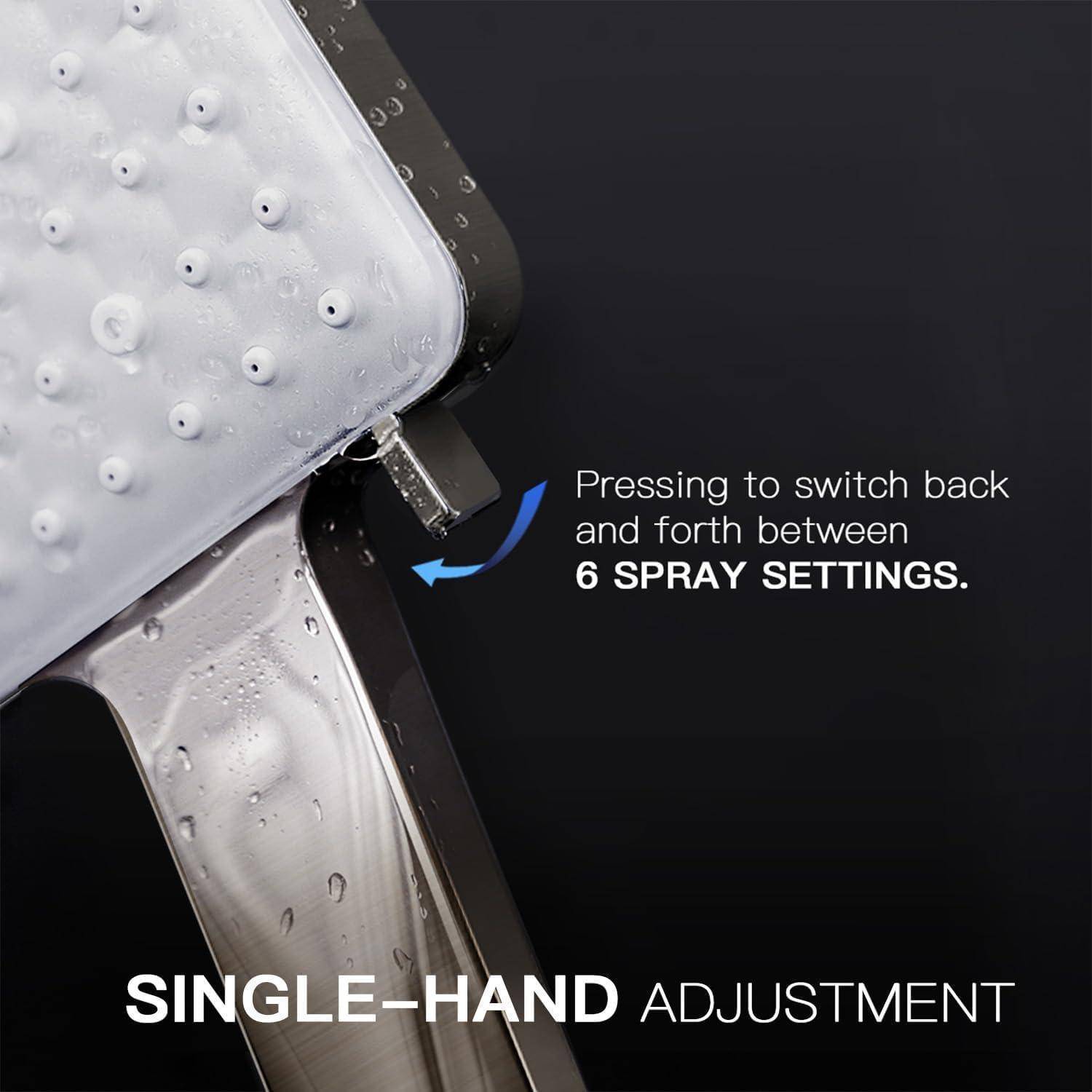 Duschkopf mit Wasserstrahleinstellungen gezeigt. Text lautet: 