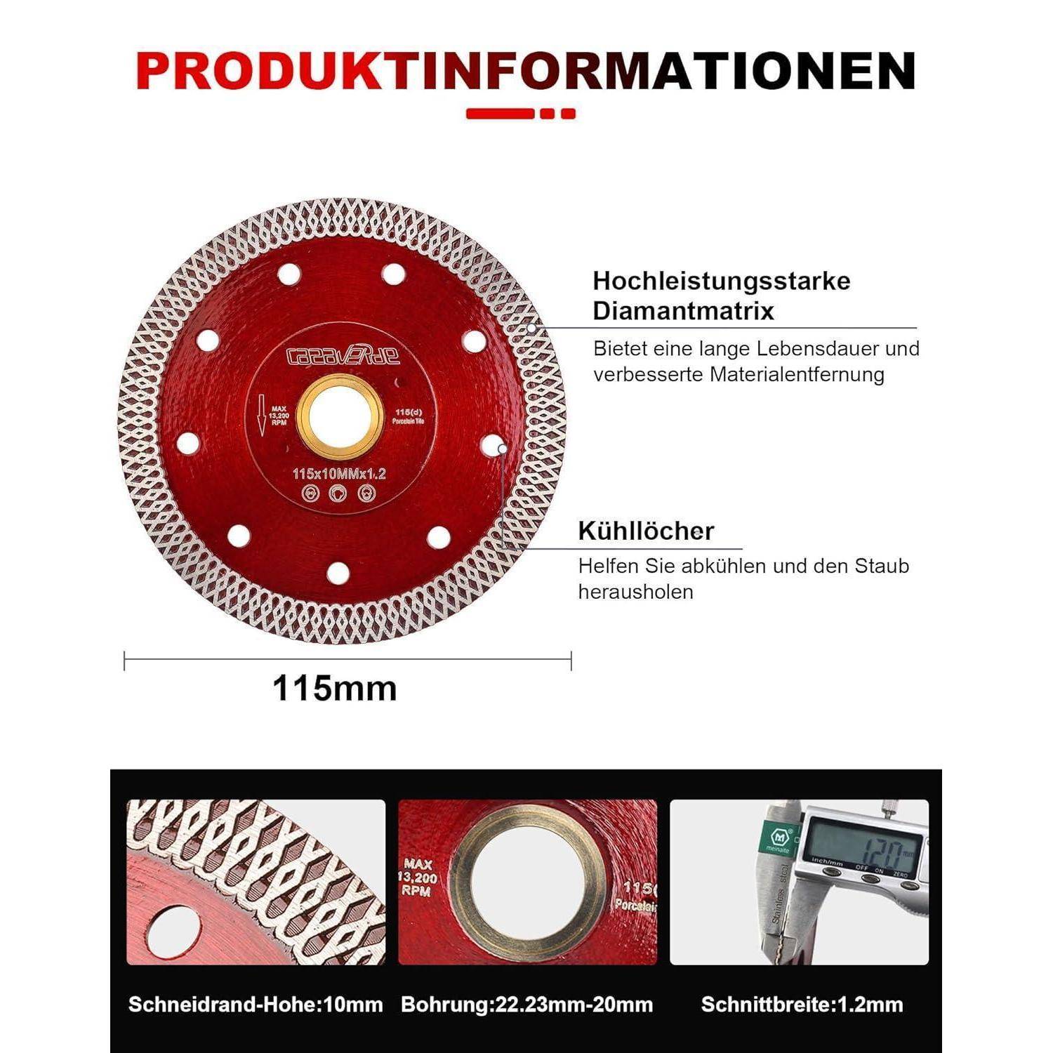 Kreisförmige Diamanttrennscheibe, mit der Markenbezeichnung 'Rubi', ausgestattet mit Kühlungslöchern und detaillierten Spezifikationen: 115 mm Durchmesser, 1,2 mm Schnittbreite.