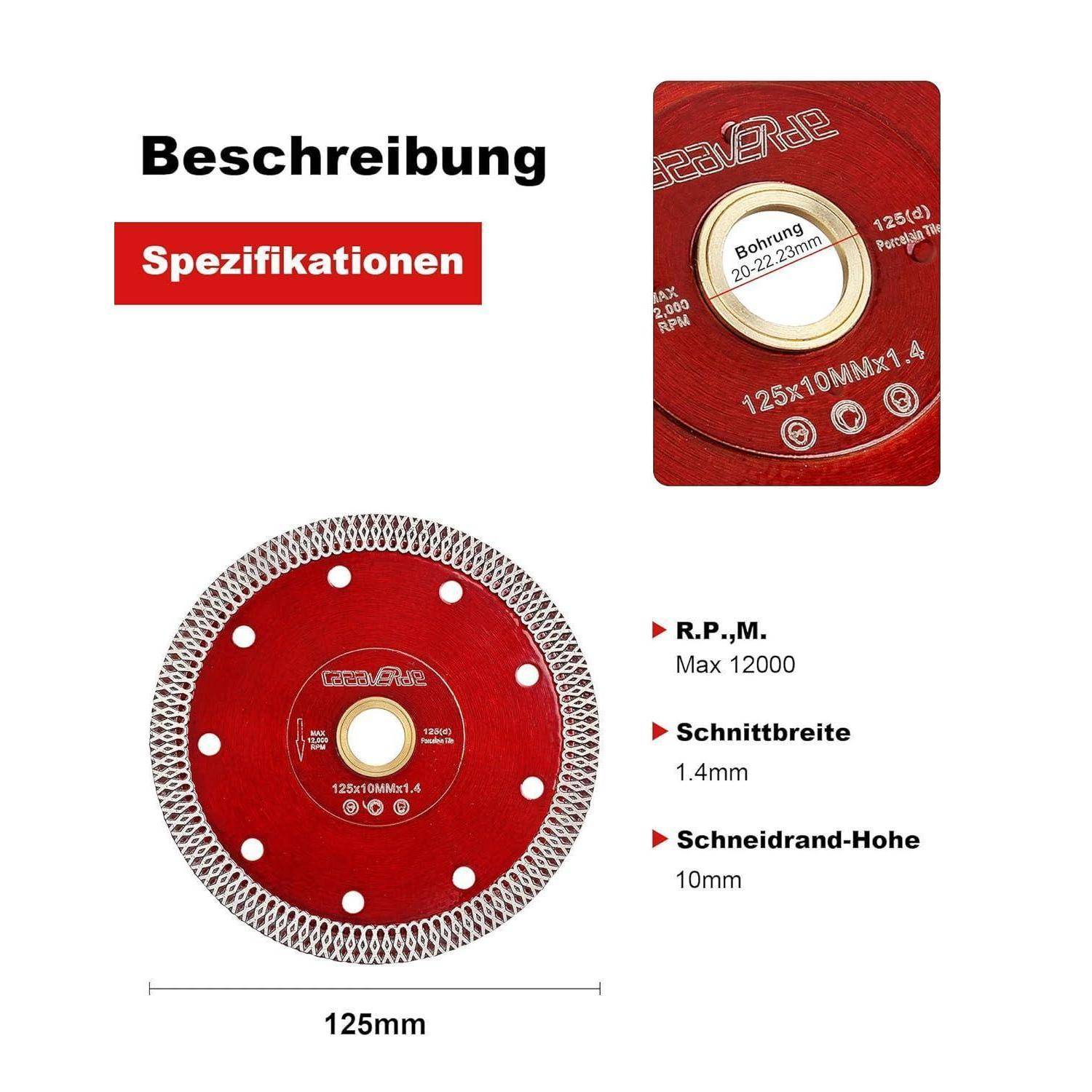 Diamantscheibe Feinsteinzeug Fliesen Granit Marmor Beton 125mm