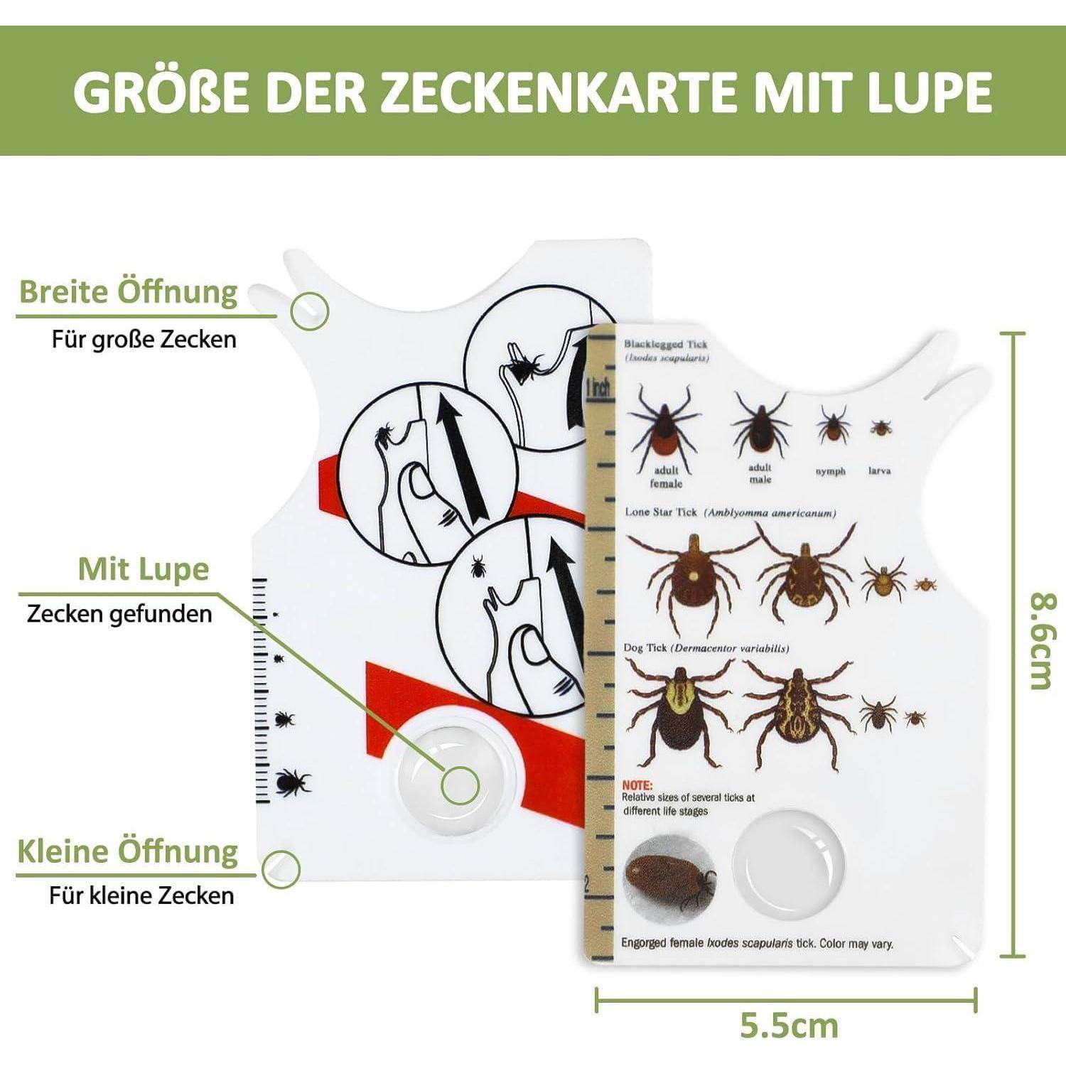 Zecken-Karte mit Lupe, Diagramm zur Zeckenentfernungstechnik und Zeckenarten. Enthält Anweisungen auf Deutsch für große und kleine Zecken.
