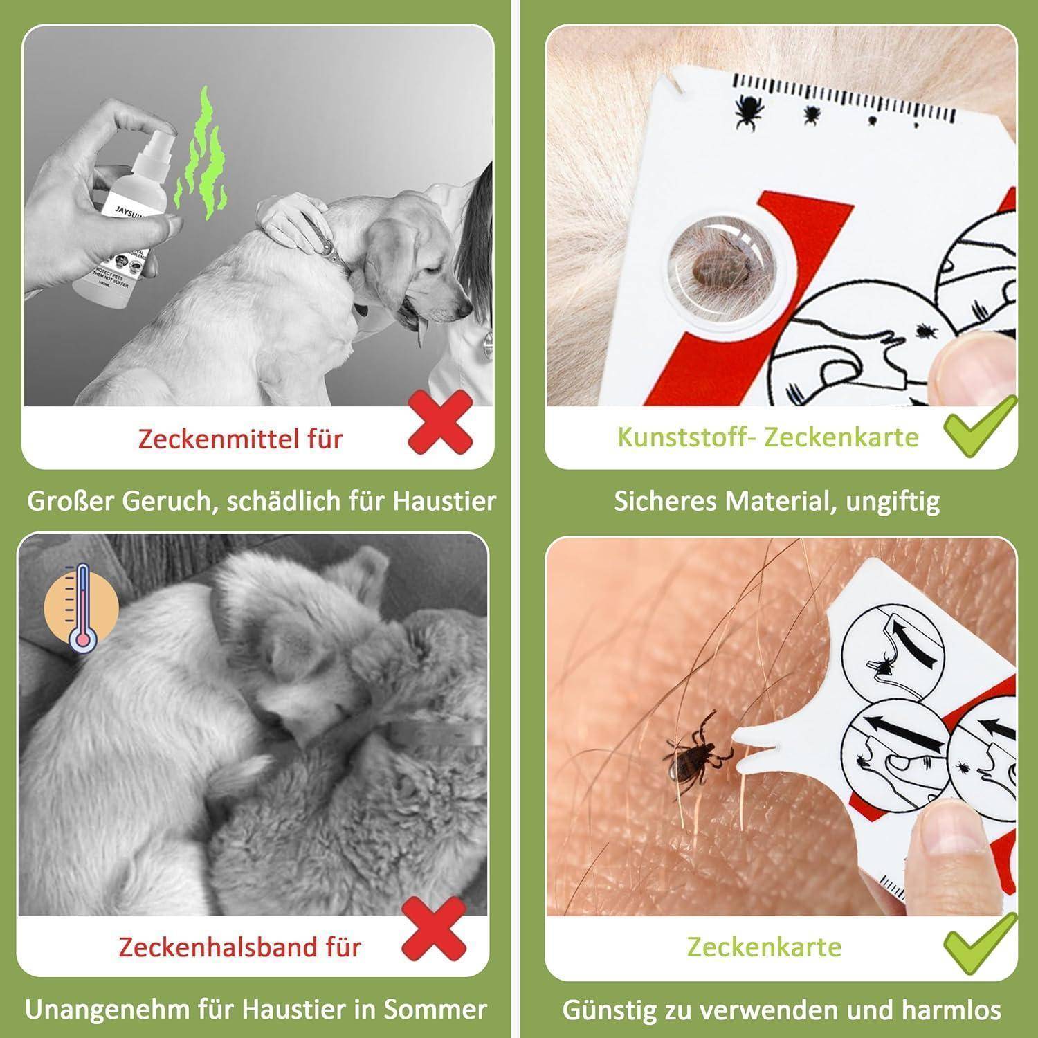 Vier Bilder zur Zeckenprophylaxe für Haustiere: schädliches chemisches Spray, sicherer Plastik-Zeckenentferner, unangenehmer Zeckenhalsband und kostengünstige Anwendung eines Zeckenentferners.