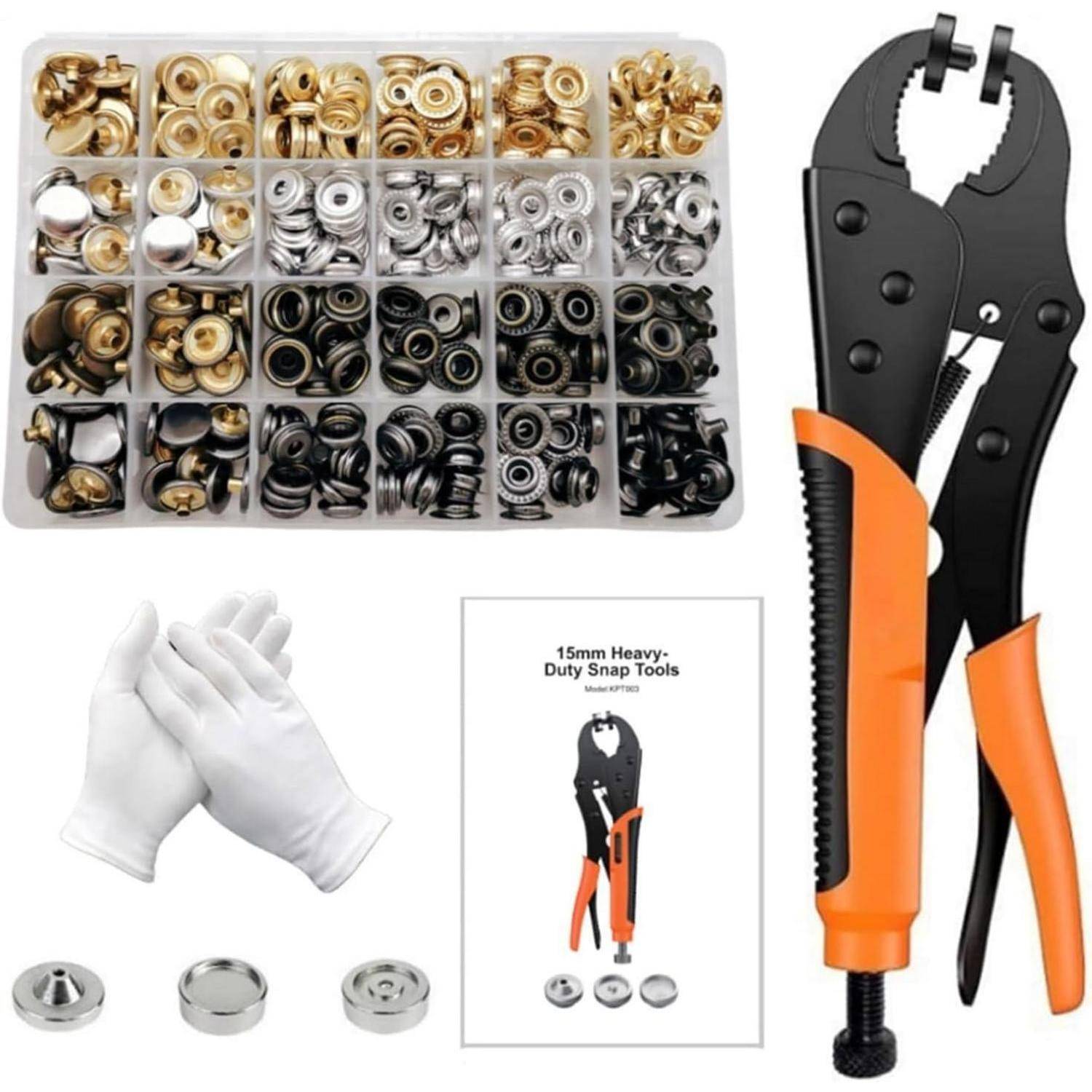 15mm Schwerlast-Druckknopf-Werkzeug-Set' inklusive Zange, verschiedenen Druckknöpfen in einer Box und weißen Handschuhen für Bastel- oder Reparaturprojekte.