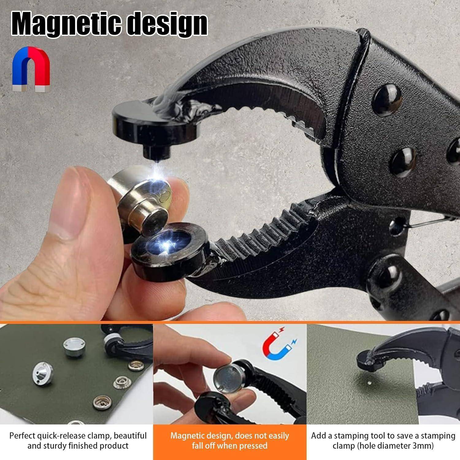 Klemmvorrichtung mit magnetischer Basis in einer Hand, die Schlüsselmerkmale wie Schnellspannmechanismus und magnetisches Design veranschaulicht.