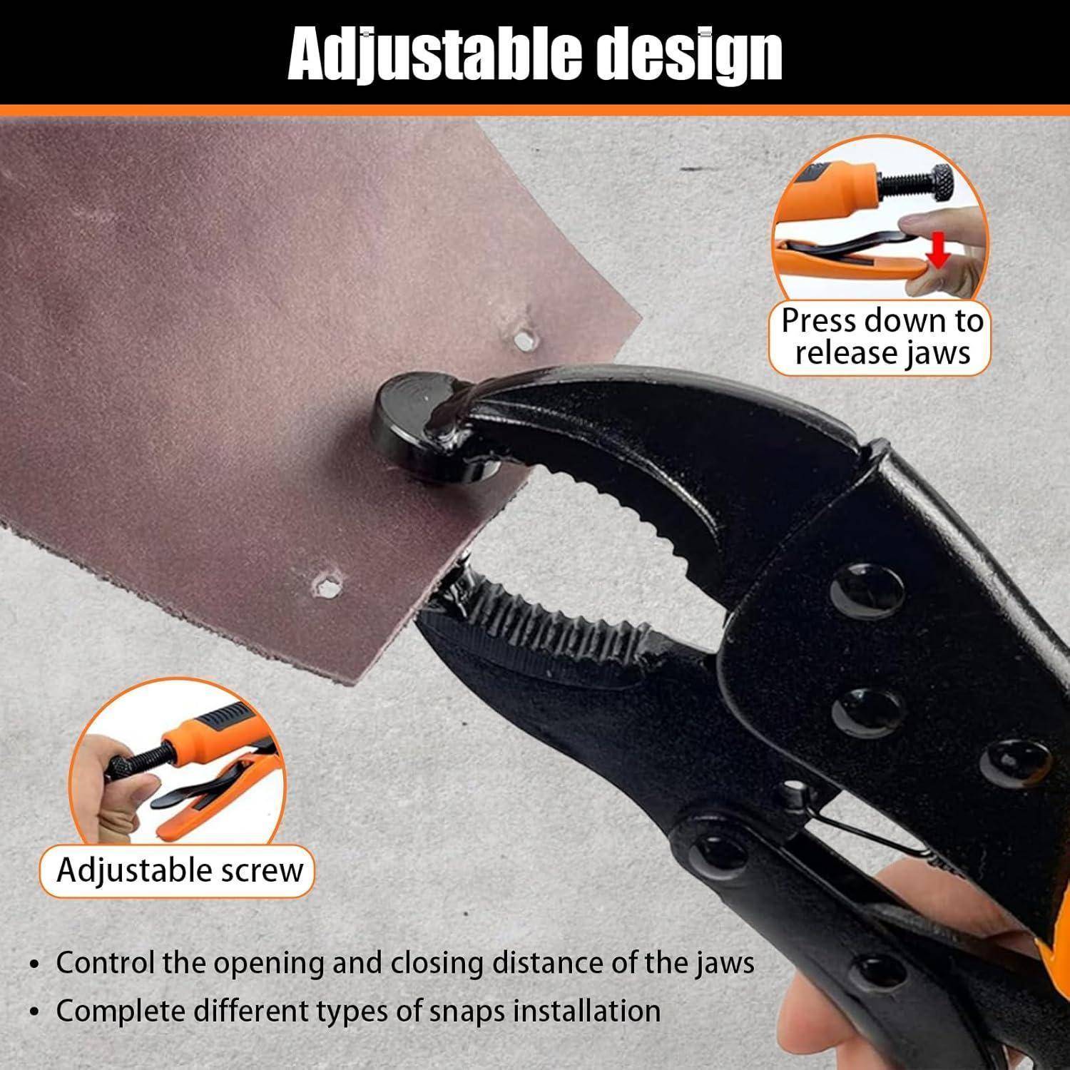 Nahaufnahme eines Schraubenschlüssels, der den Griff an einem Materialstück justiert und dabei ein 'anpassungsfähiges Design' für verschiedene Schnappinstallationen veranschaulicht.