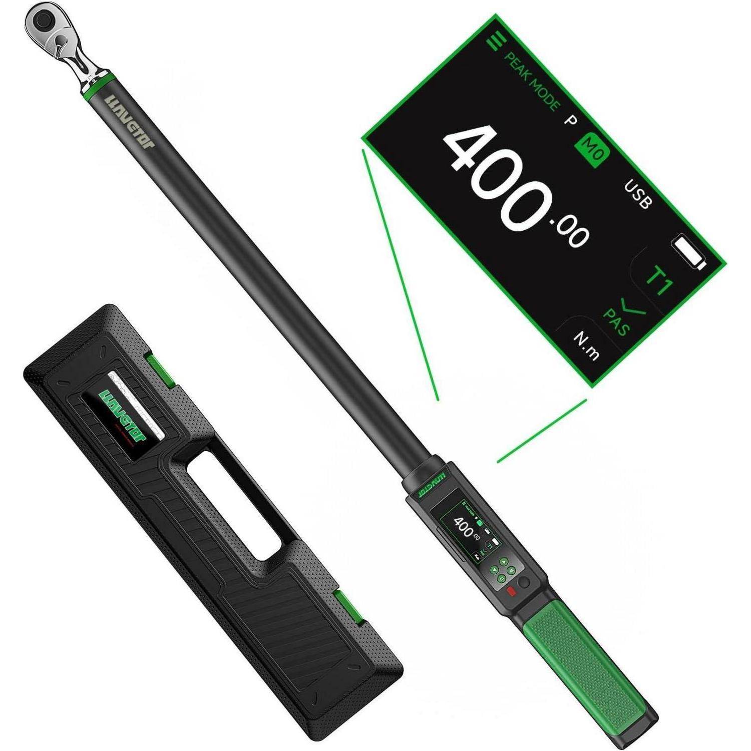 Digitaler Drehmomentschlüssel mit LCD-Display, das '400 Nm' anzeigt, inklusive Koffer.