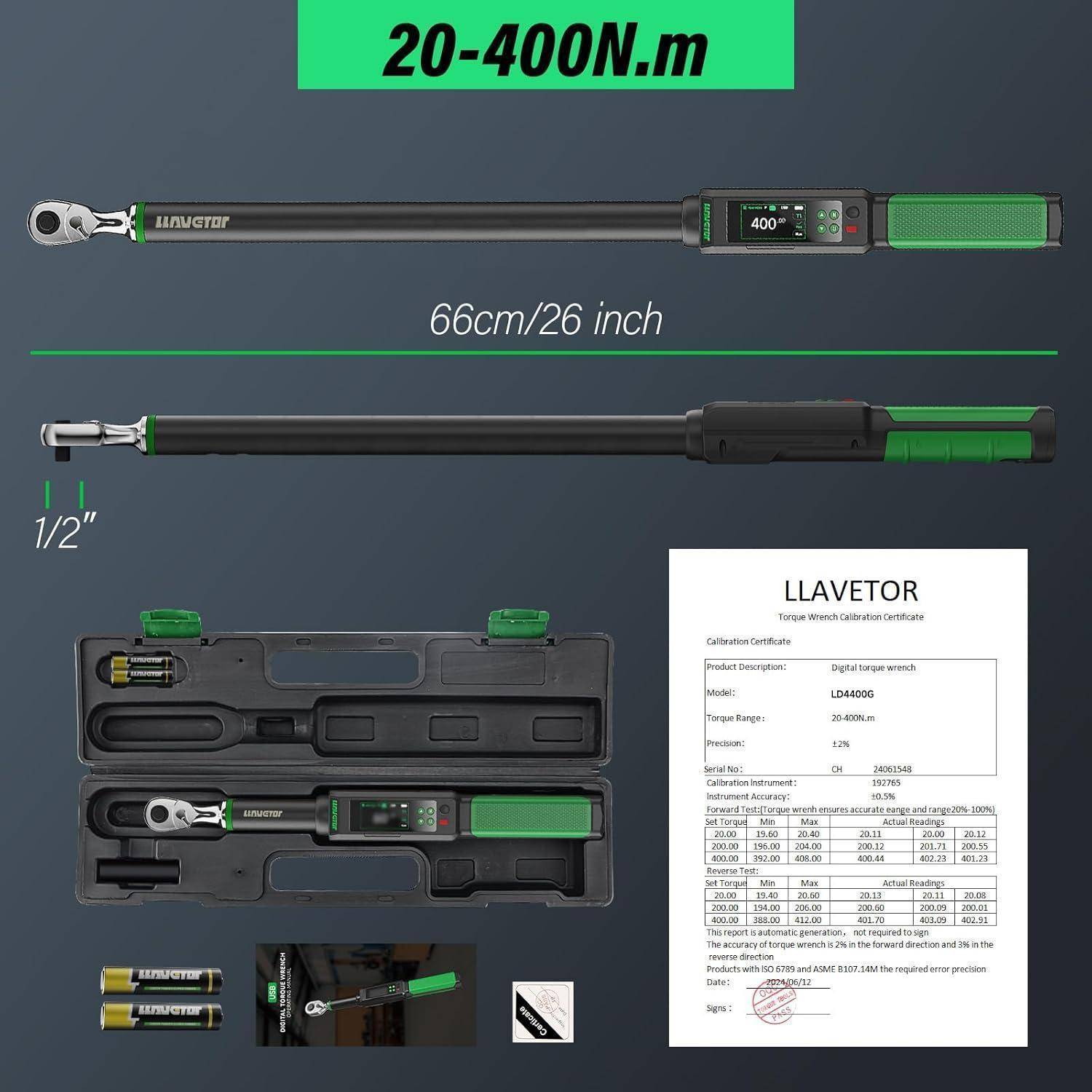 Digitaler Drehmomentschlüssel, Bereich 20-400 N.m, 66 cm/26 Zoll lang. Ausgestattet mit einem 1/2-Zoll-Antrieb. Inkl. Kalibrierzertifikat.