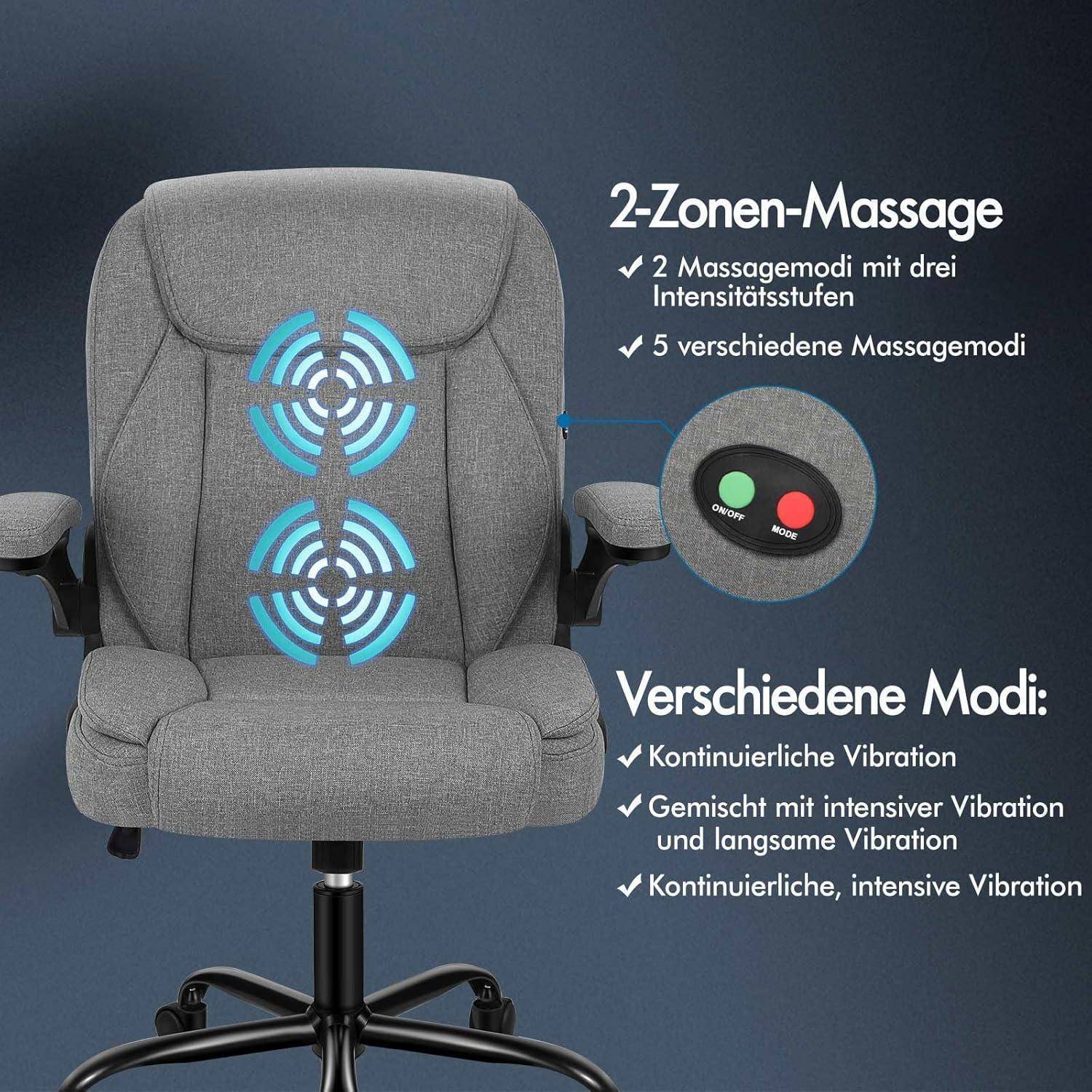 Ein grauer ergonomischer Stuhl verfügt über ein 2-Zonen-Massagesystem mit drei Intensitätsstufen und zeigt ein Bild von Massageknoten und einer Fernbedienung.