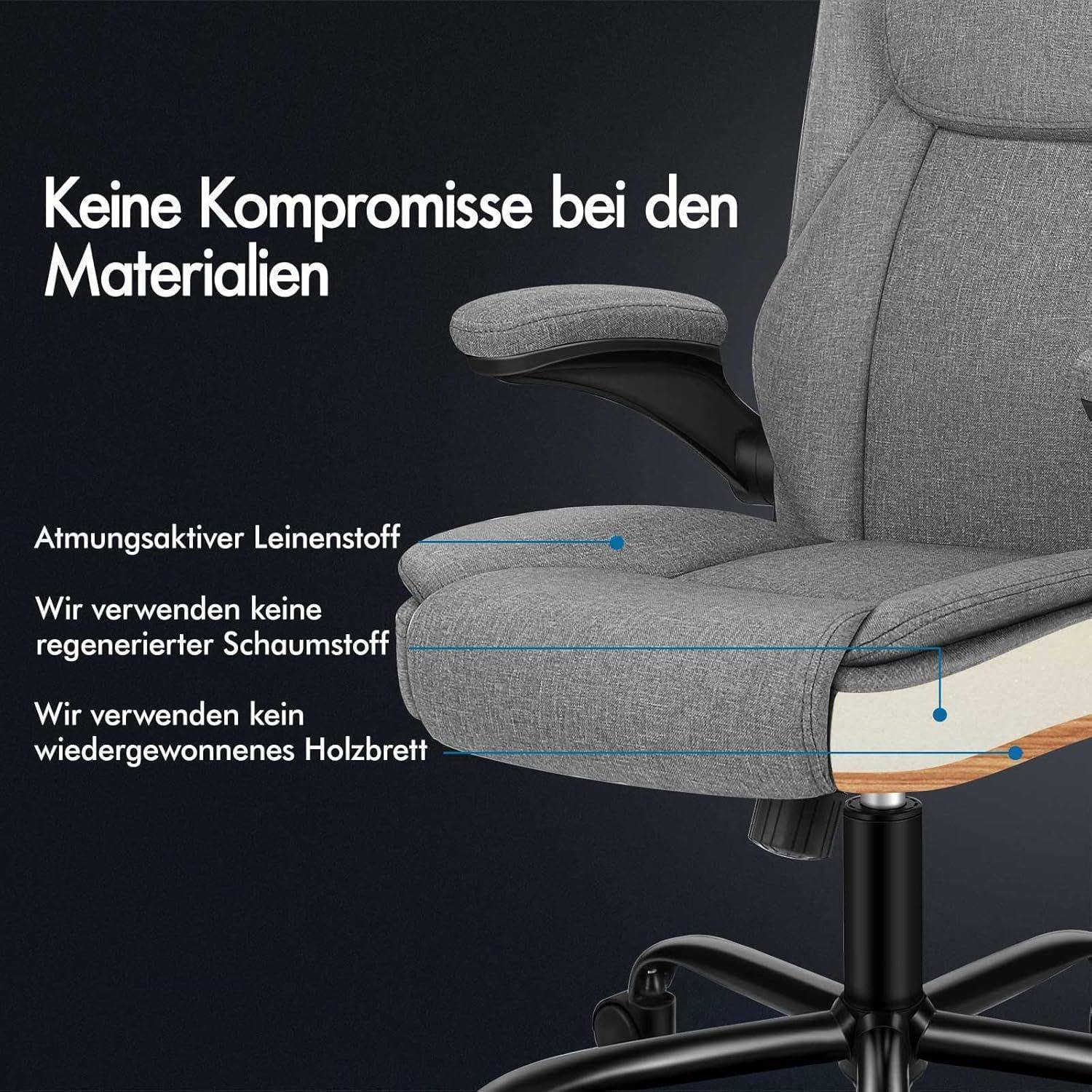 Bürostuhl mit grau gepolstertem Stoffbezug und Armlehnen. Etiketten weisen auf atmungsaktiven Stoff, Speicherschaum und Holzplattenmaterialien hin. Der deutsche Text übersetzt sich zu 