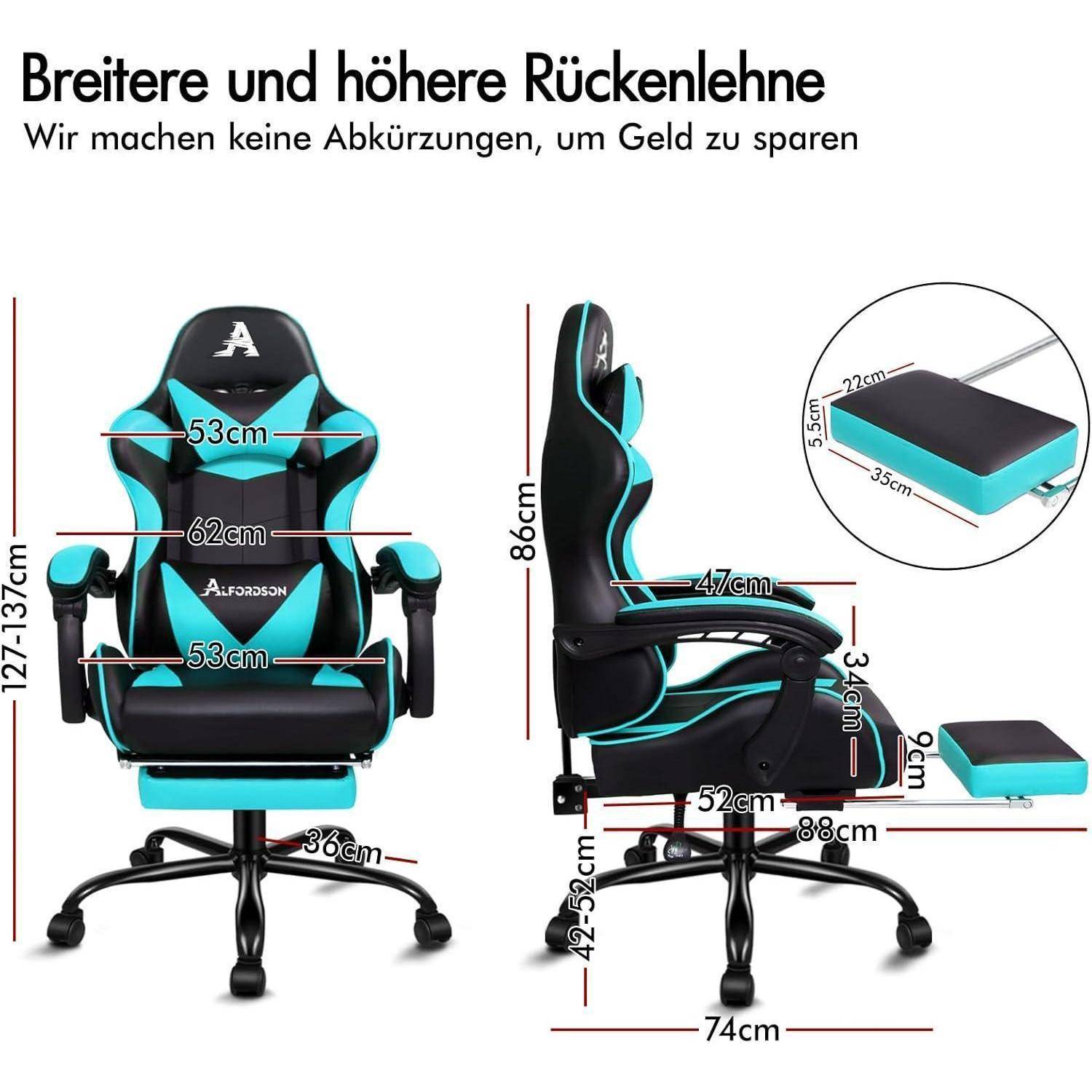 Gaming-Stuhl mit Maßen: 127-137 cm Höhe, 53 cm Breite, 74 cm Tiefe. Mit abnehmbarem Sitzkissen und verstellbarer Rückenlehne.