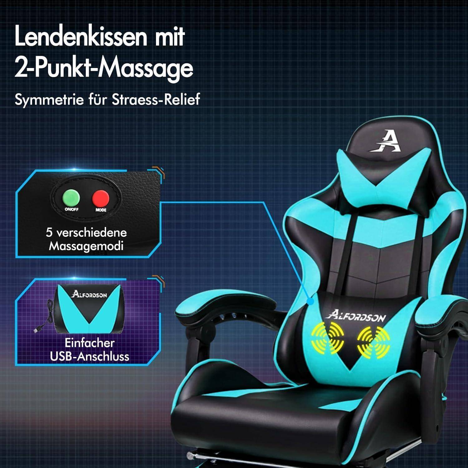 Gaming-Stuhl mit blau-schwarzem Design, ausgestattet mit einem 2-Punkt-Massagesystem, USB-Anschluss und fünf verschiedenen Massagemodi zur Stressreduzierung.