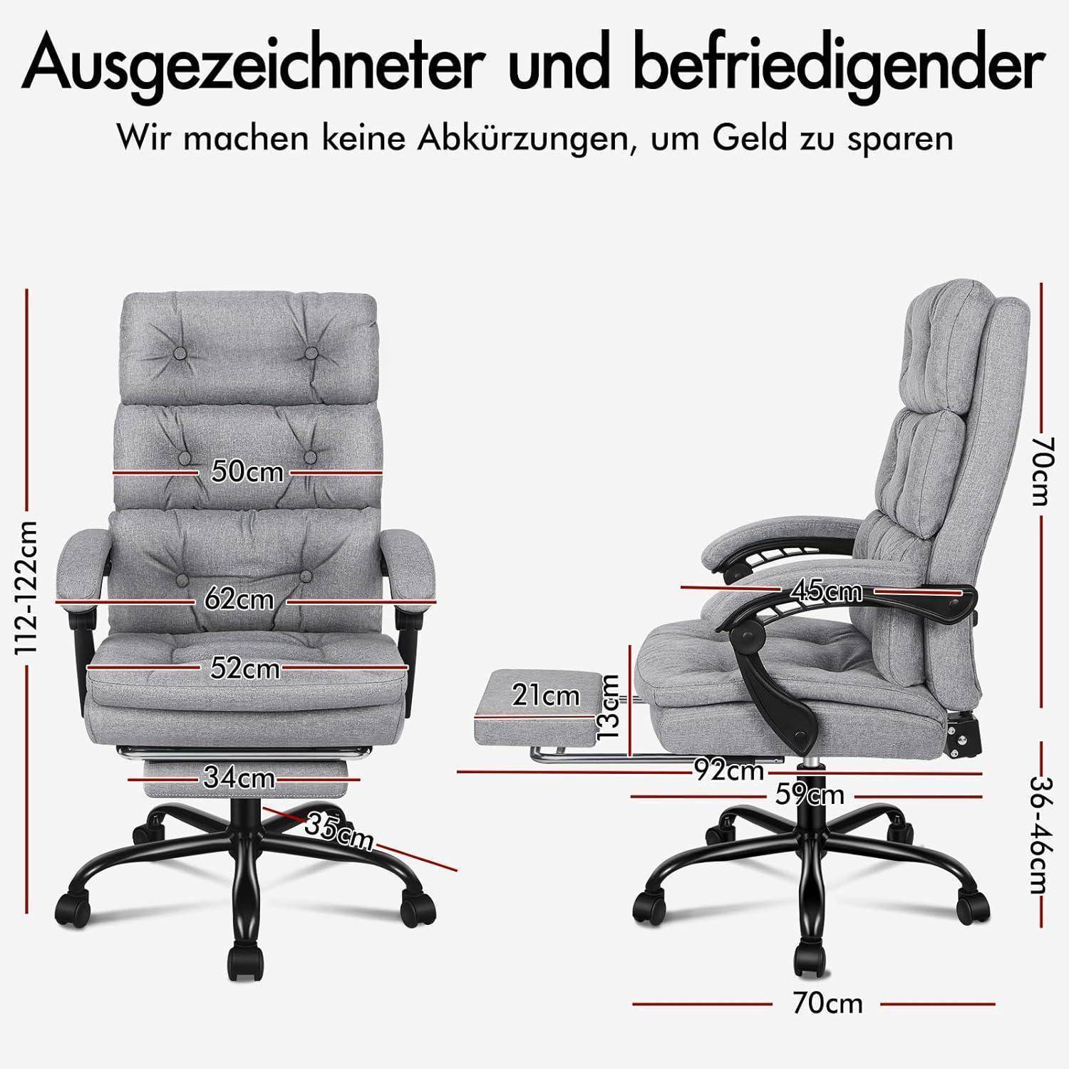 Hochwertiger und komfortabler Stuhl-Maße: Sitzbreite 62 cm, Sitztiefe 50 cm, höhenverstellbar 112-122 cm, Armlehne 45 cm über Sitzfläche.